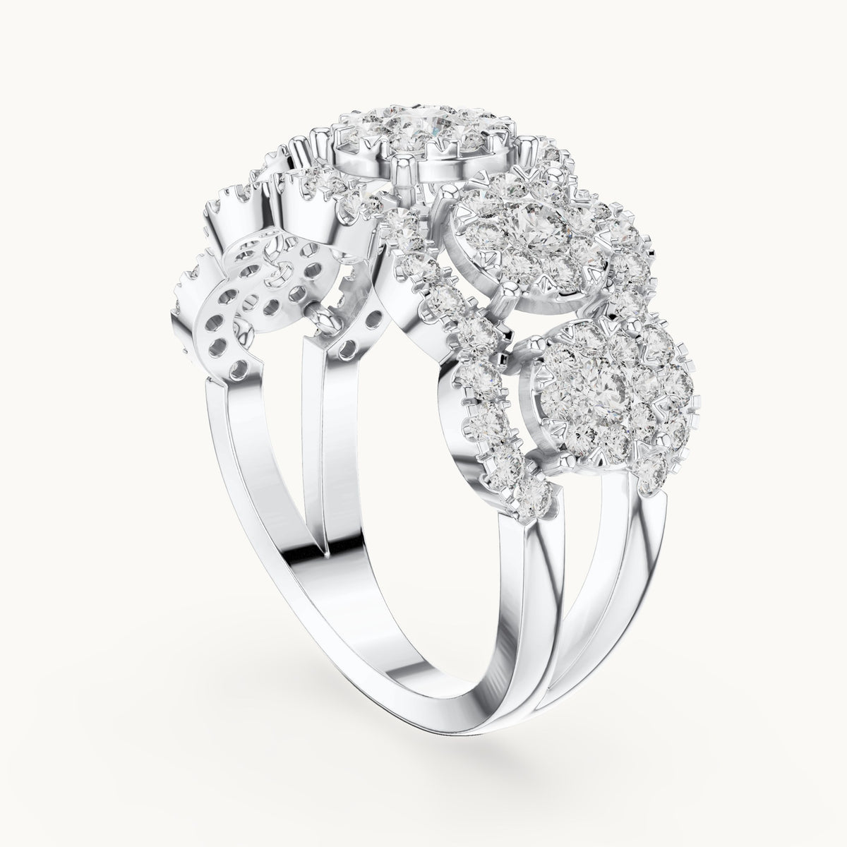 Round lab-grown diamond three-cluster halo ring in white gold, 1.352 CT TW, view 1