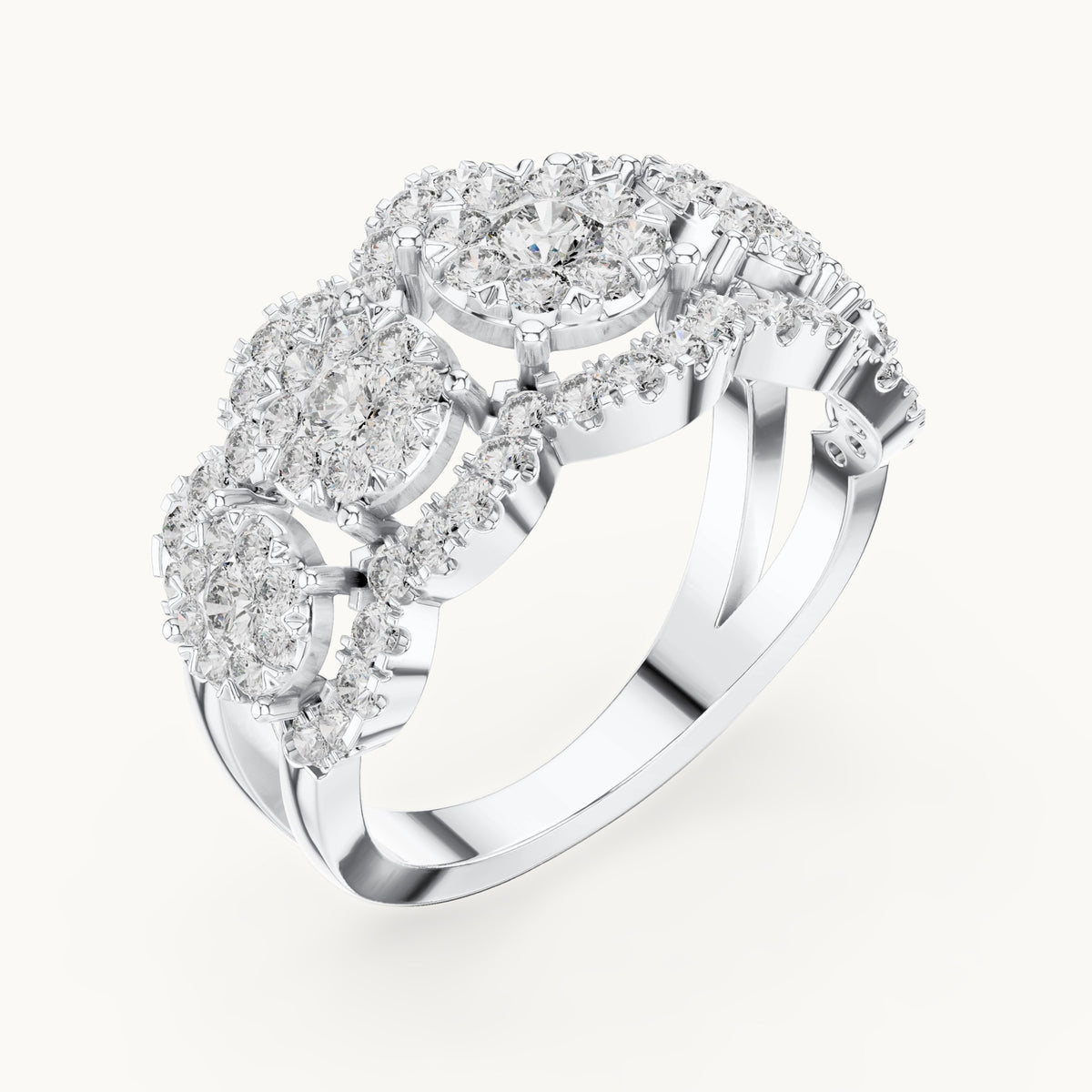 Round lab-grown diamond three-cluster halo ring in white gold, 1.352 CT TW, view 2