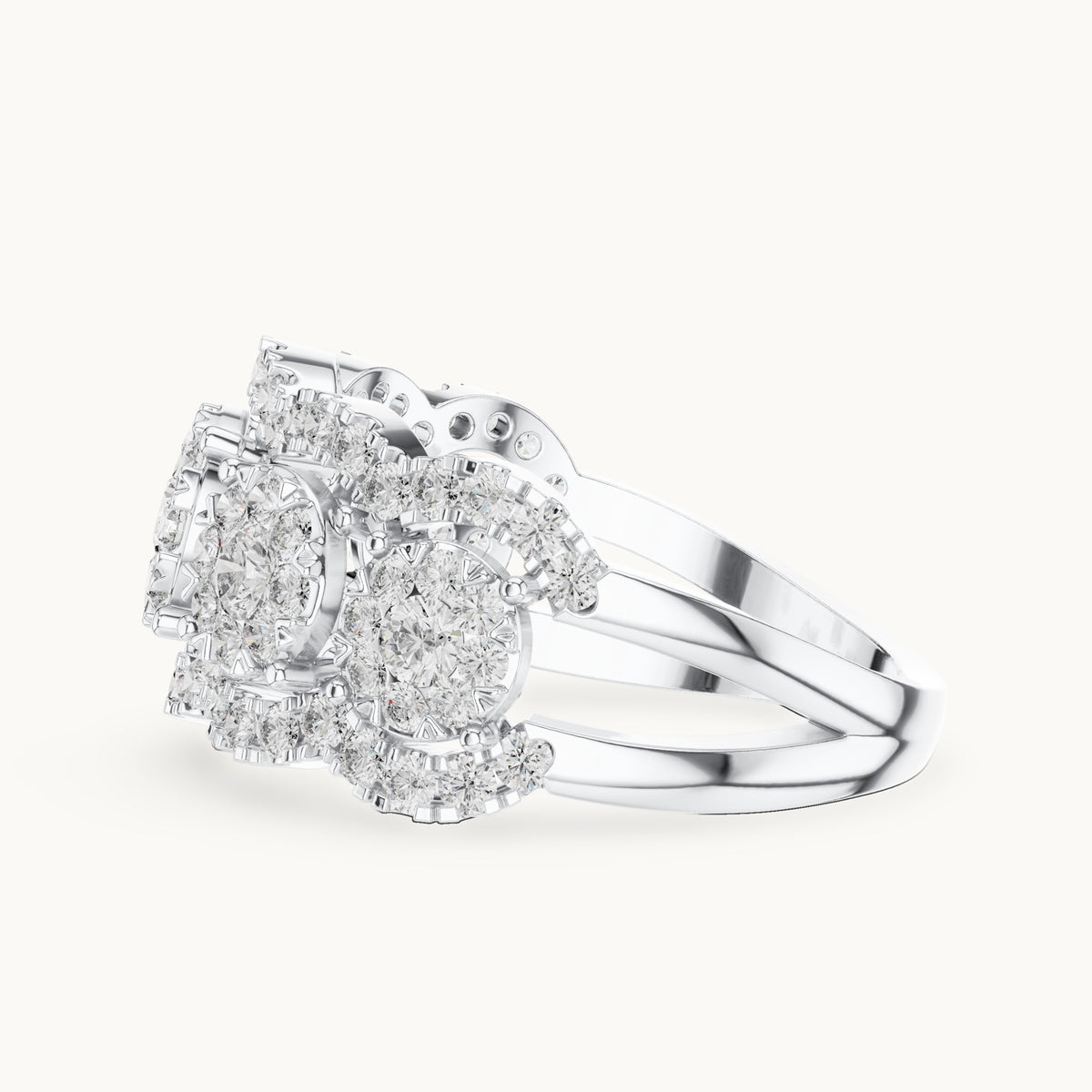 Round lab-grown diamond three-cluster halo ring in white gold, 1.352 CT TW, view 3