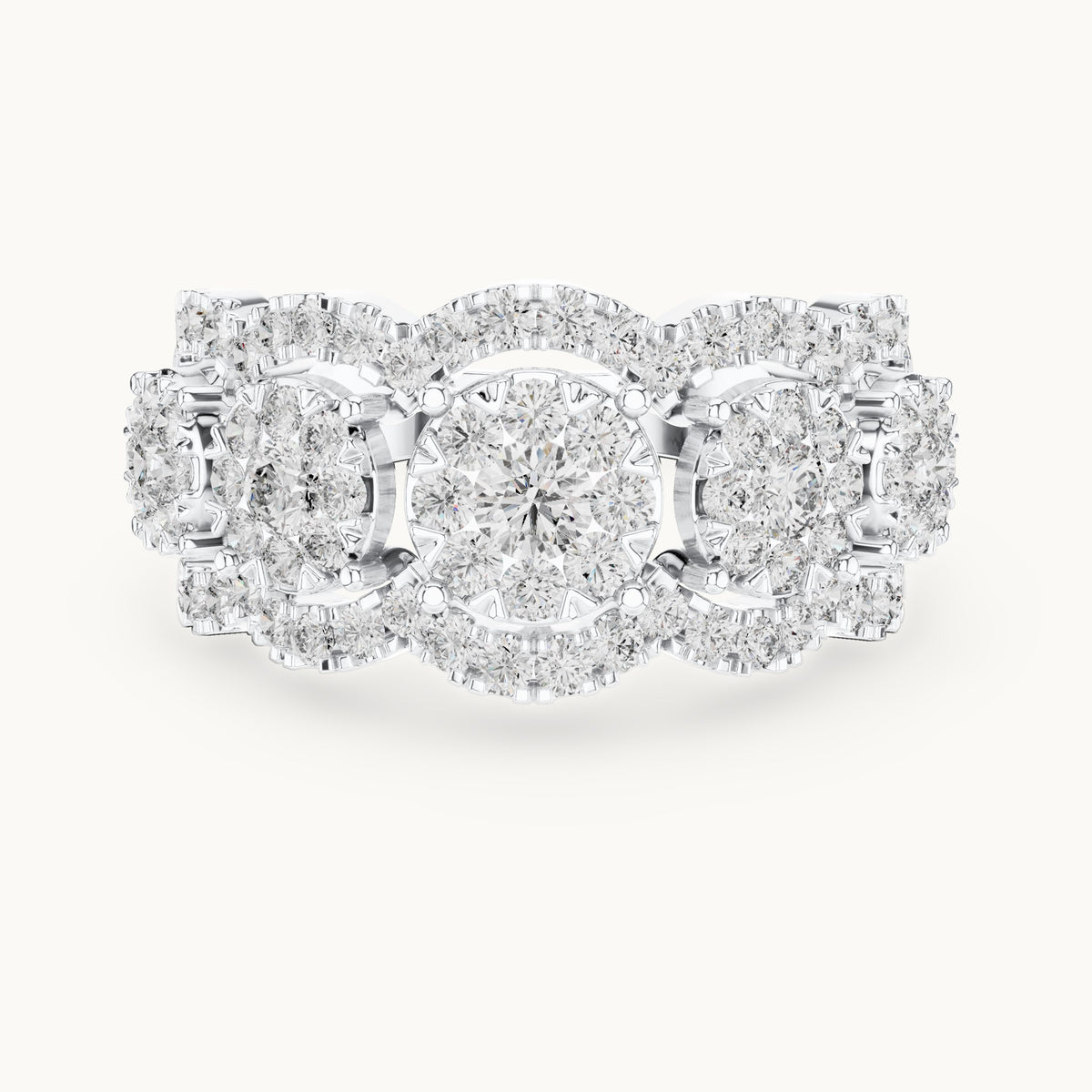 Round lab-grown diamond three-cluster halo ring in white gold, 1.352 CT TW, view 4