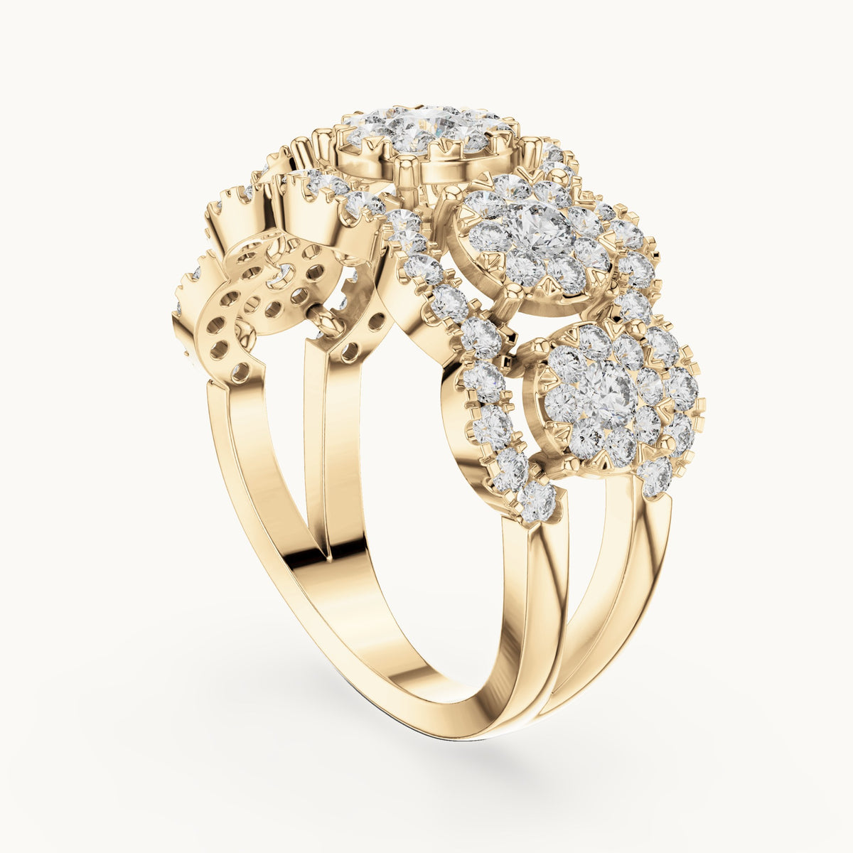 Round lab-grown diamond three-cluster halo ring in yellow gold, 1.352 CT TW, view 1