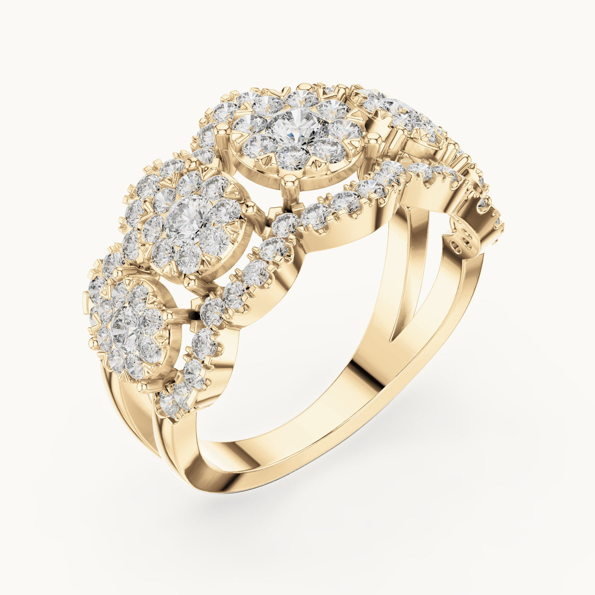 Round lab-grown diamond three-cluster halo ring in yellow gold, 1.352 CT TW, view 2