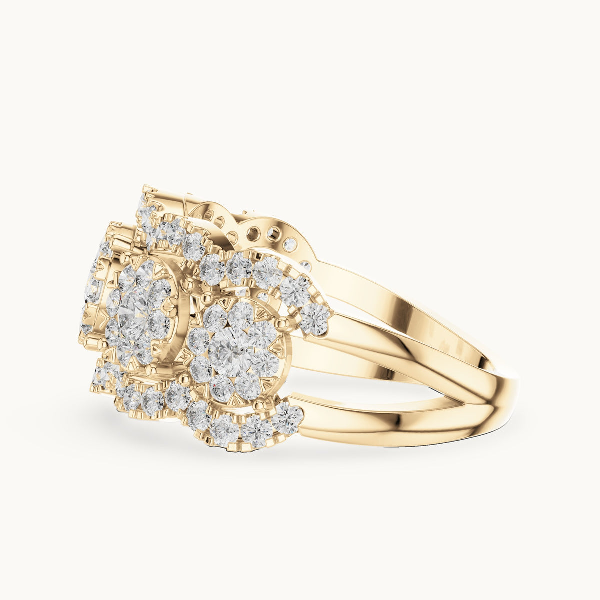 Round lab-grown diamond three-cluster halo ring in yellow gold, 1.352 CT TW, view 3