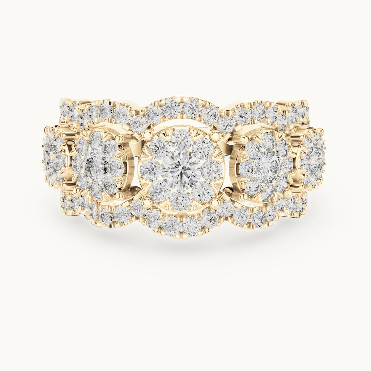 Round lab-grown diamond three-cluster halo ring in yellow gold, 1.352 CT TW, view 4