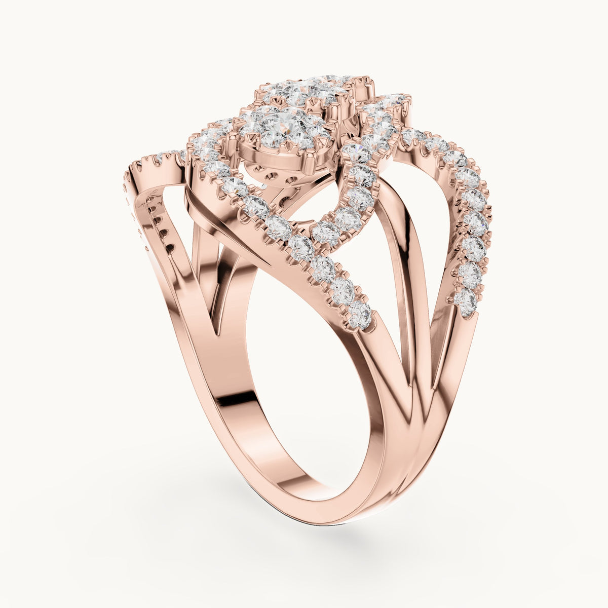 Round lab-grown diamond three-cluster swirl ring in rose gold, 0.99 CT TW, view 1