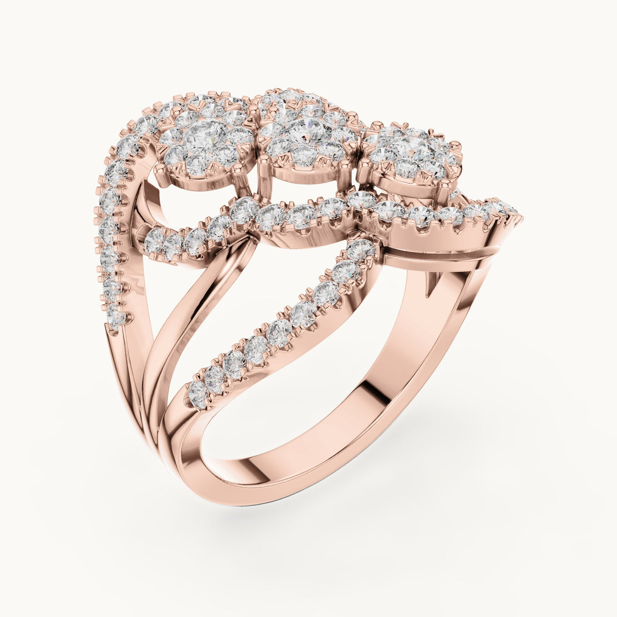 Round lab-grown diamond three-cluster swirl ring in rose gold, 0.99 CT TW, view 2