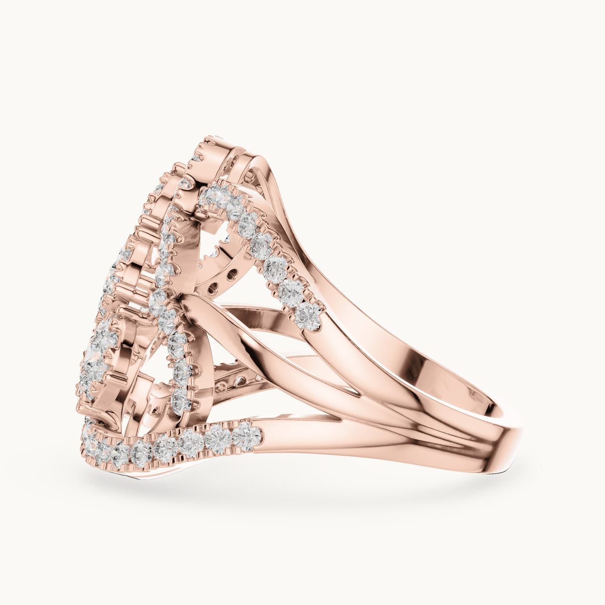 Round lab-grown diamond three-cluster swirl ring in rose gold, 0.99 CT TW, view 3