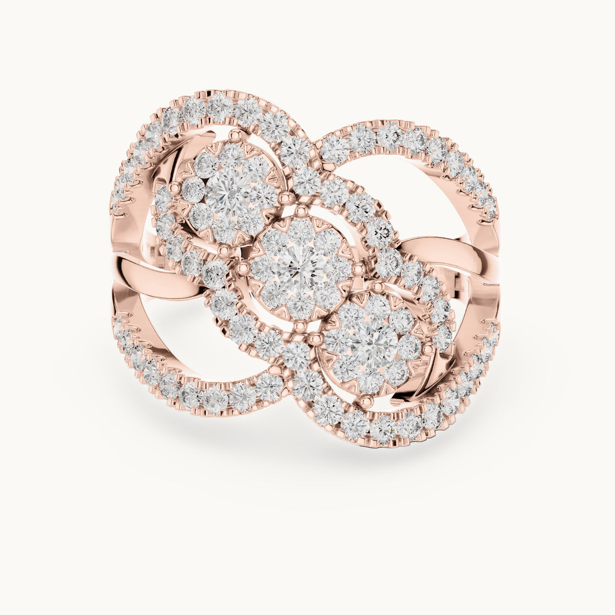 Round lab-grown diamond three-cluster swirl ring in rose gold, 0.99 CT TW, view 4