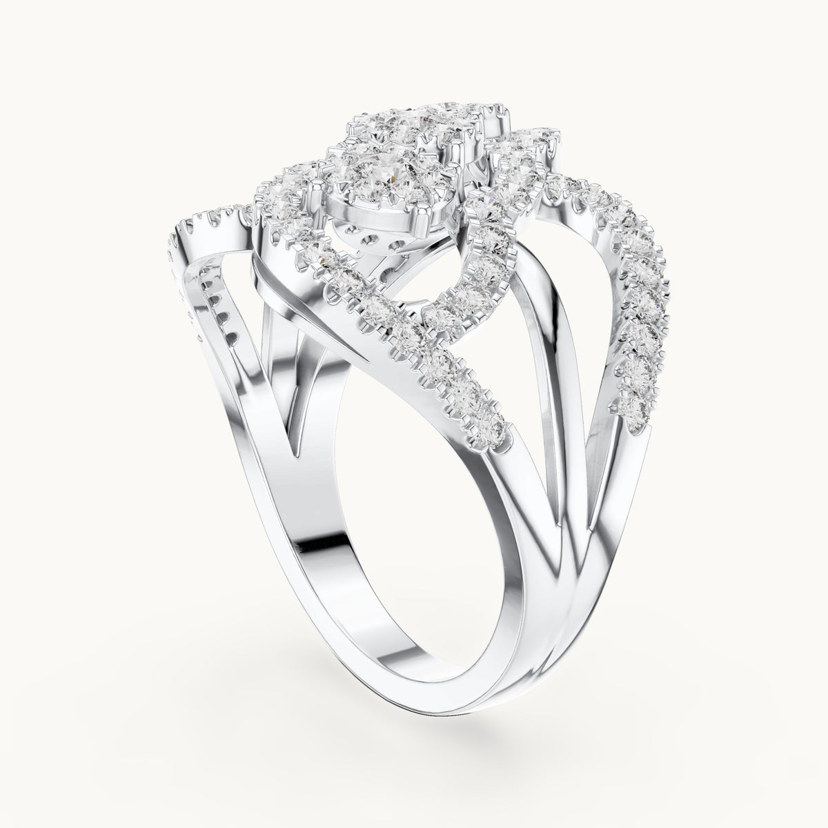 Round lab-grown diamond three-cluster swirl ring in white gold, 0.99 CT TW, view 1