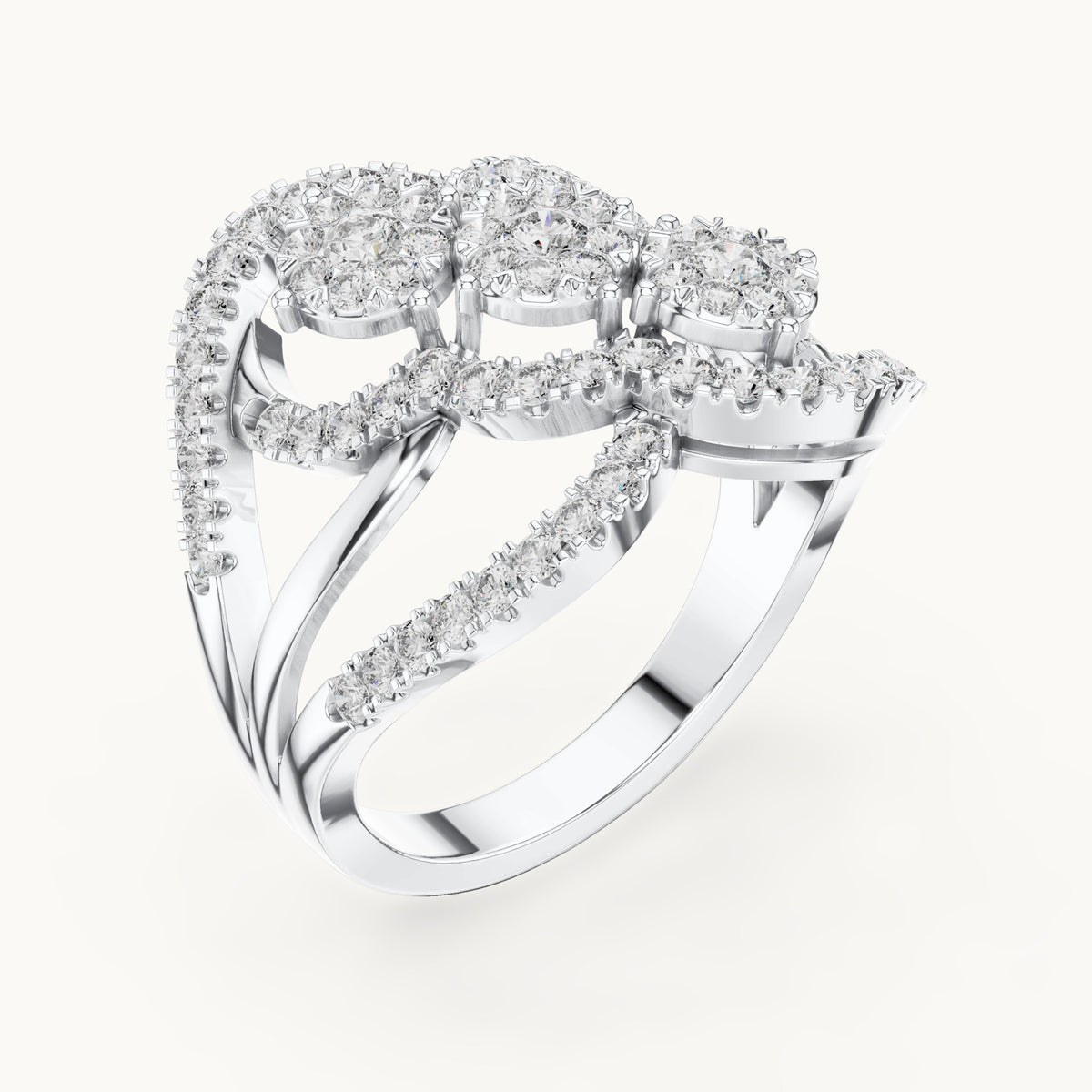 Round lab-grown diamond three-cluster swirl ring in white gold, 0.99 CT TW, view 2