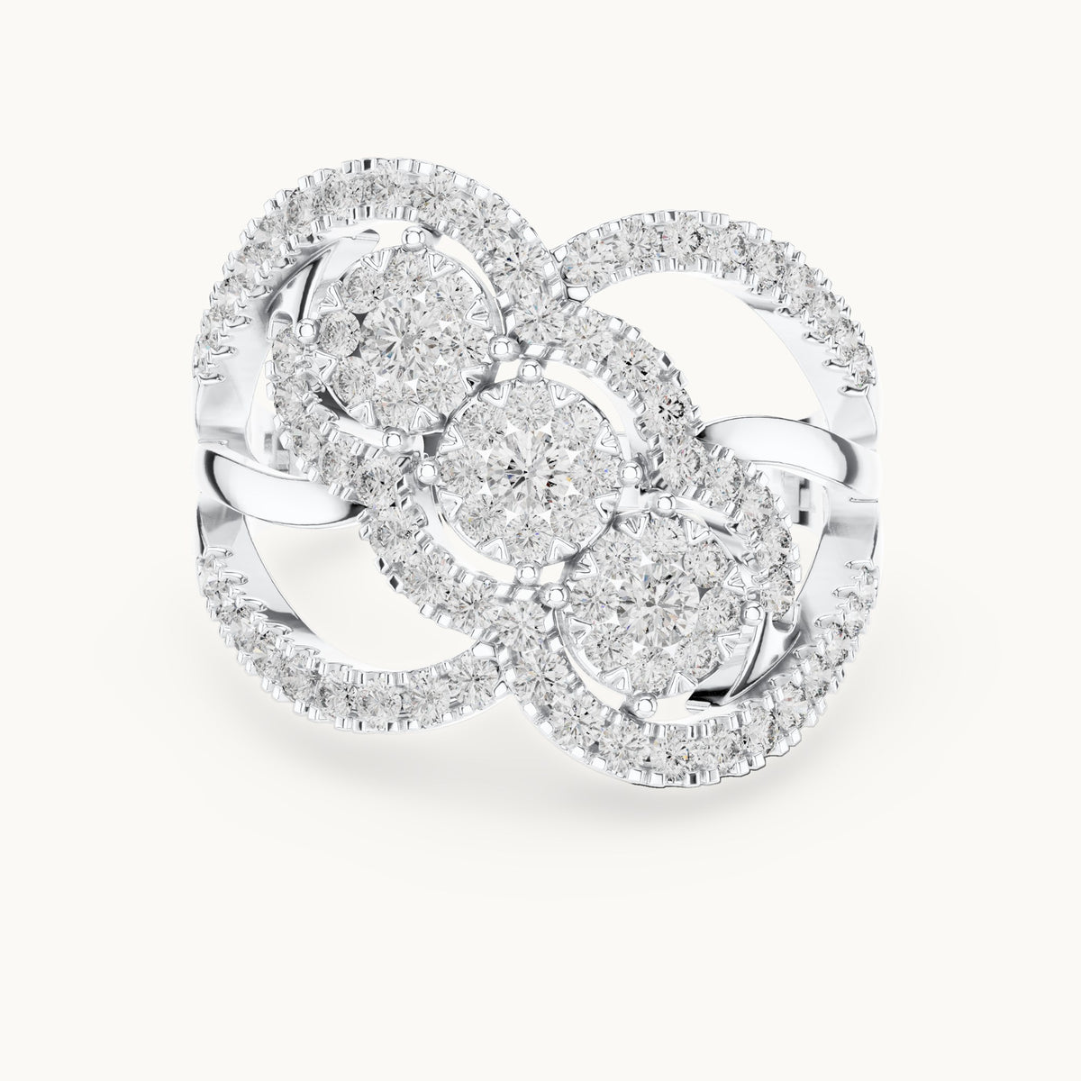Round lab-grown diamond three-cluster swirl ring in white gold, 0.99 CT TW, view 4