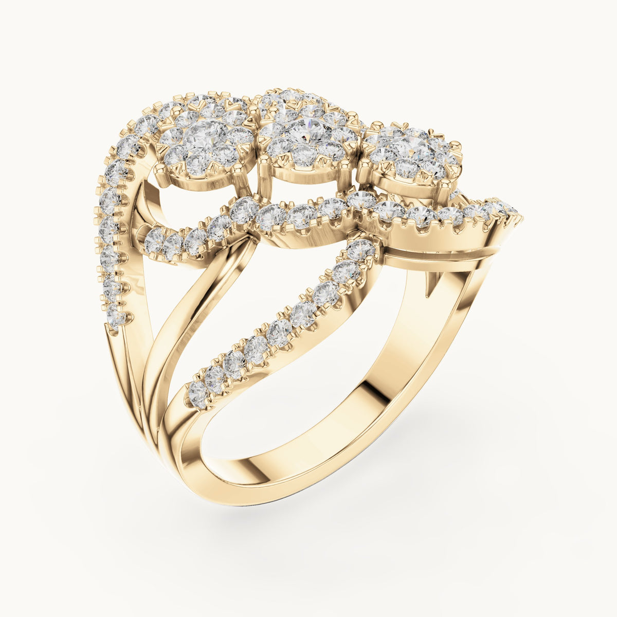 Round lab-grown diamond three-cluster swirl ring in yellow gold, 0.99 CT TW, view 2