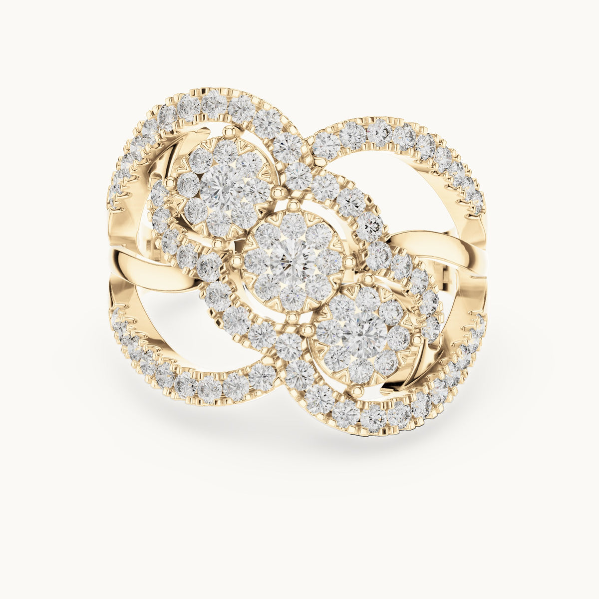 Round lab-grown diamond three-cluster swirl ring in yellow gold, 0.99 CT TW, view 4