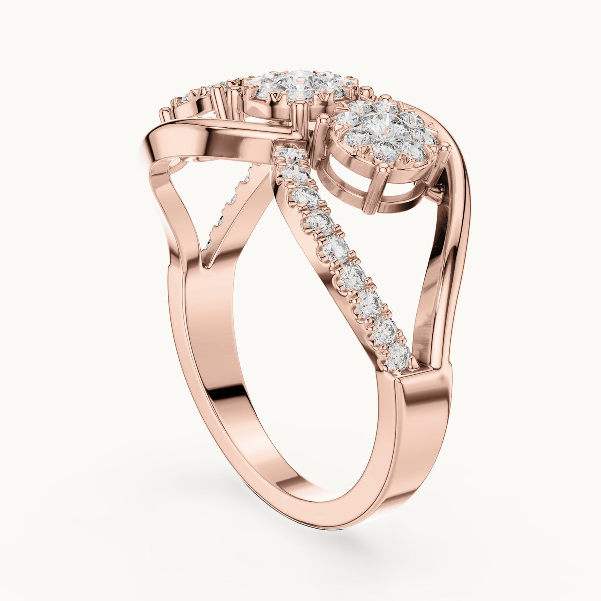 Round lab-grown diamond three-cluster infinity ring in rose gold, 0.57 CT TW, view 1