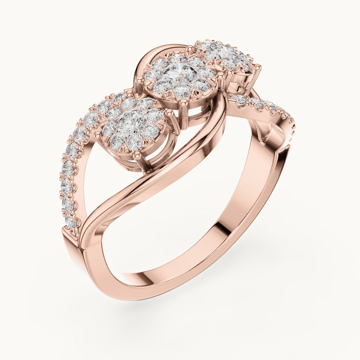 Round lab-grown diamond three-cluster infinity ring in rose gold, 0.57 CT TW, view 2