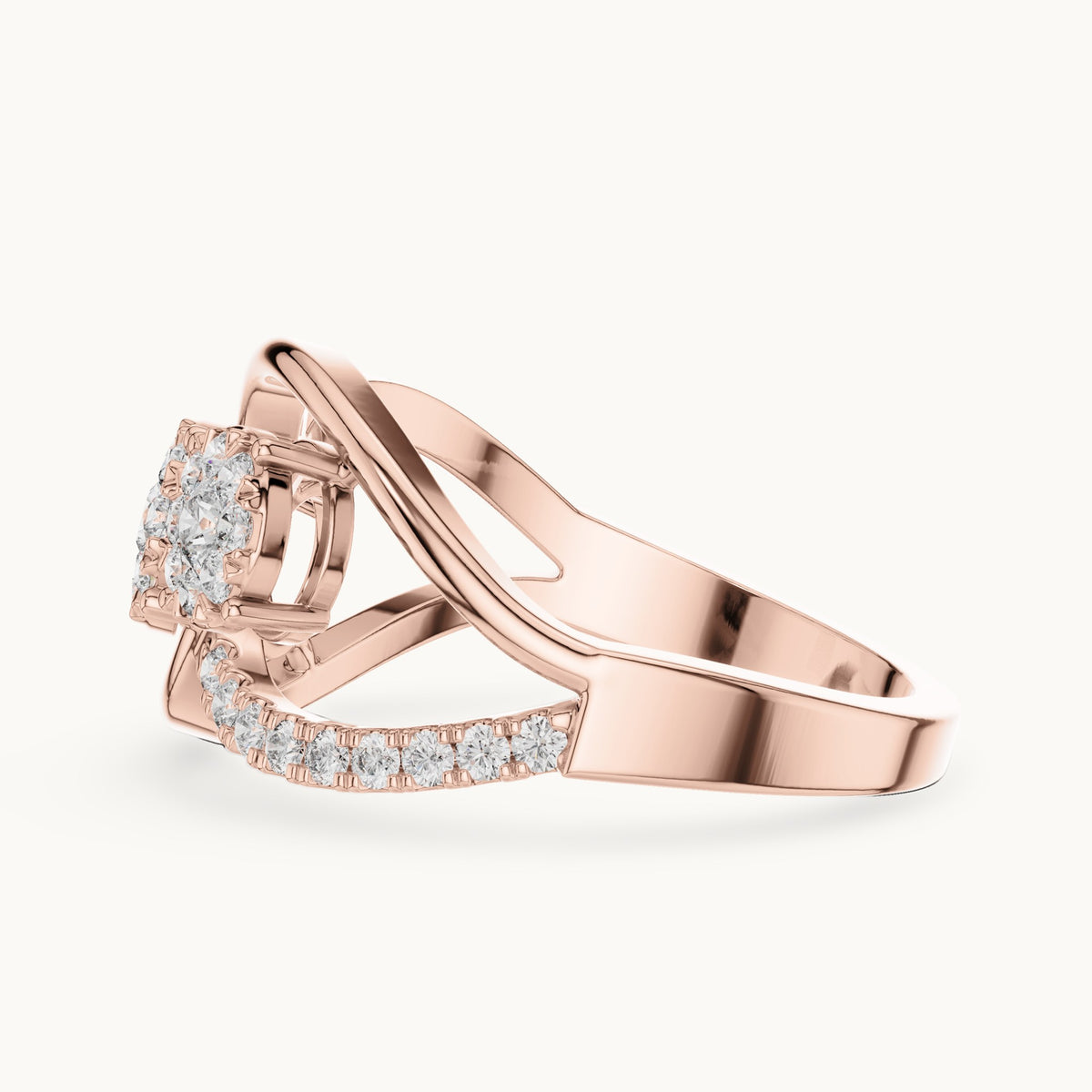 Round lab-grown diamond three-cluster infinity ring in rose gold, 0.57 CT TW, view 3