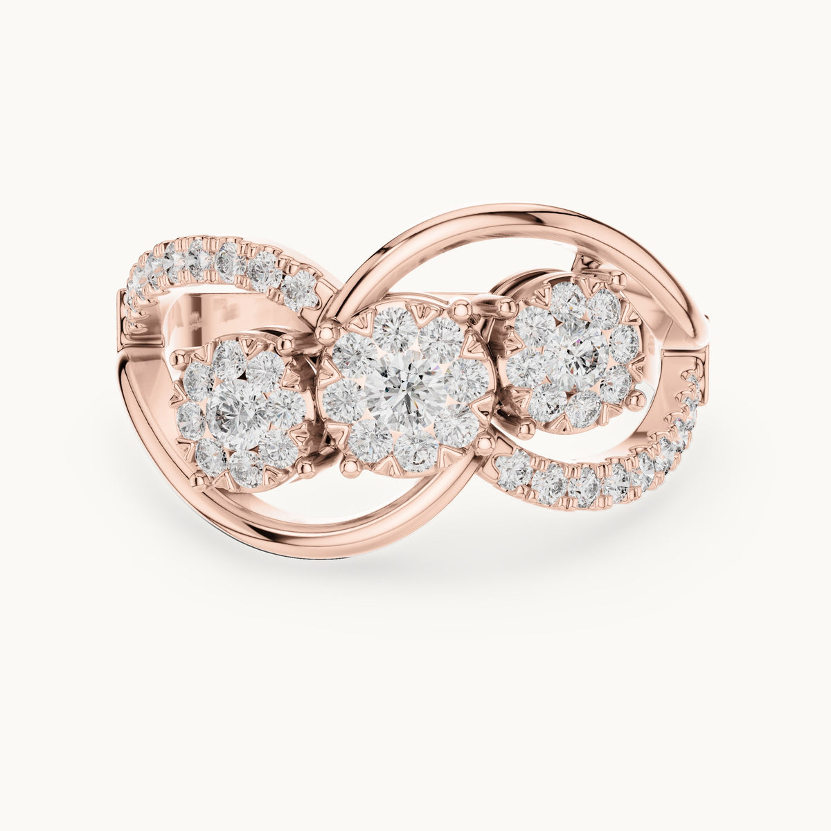 Round lab-grown diamond three-cluster infinity ring in rose gold, 0.57 CT TW, view 4
