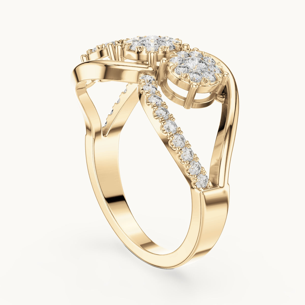 Round lab-grown diamond three-cluster infinity ring in yellow gold, 0.57 CT TW, view 1