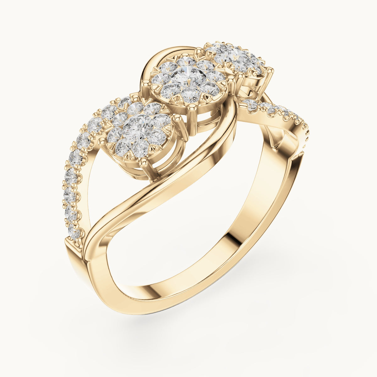 Round lab-grown diamond three-cluster infinity ring in yellow gold, 0.57 CT TW, view 2