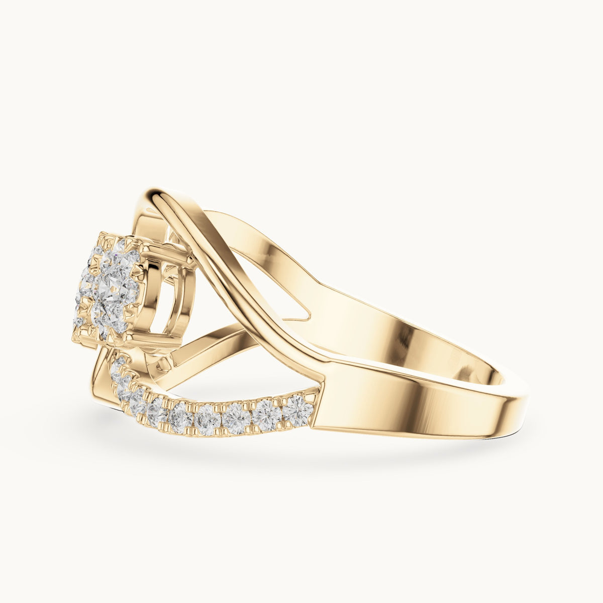 Round lab-grown diamond three-cluster infinity ring in yellow gold, 0.57 CT TW, view 3