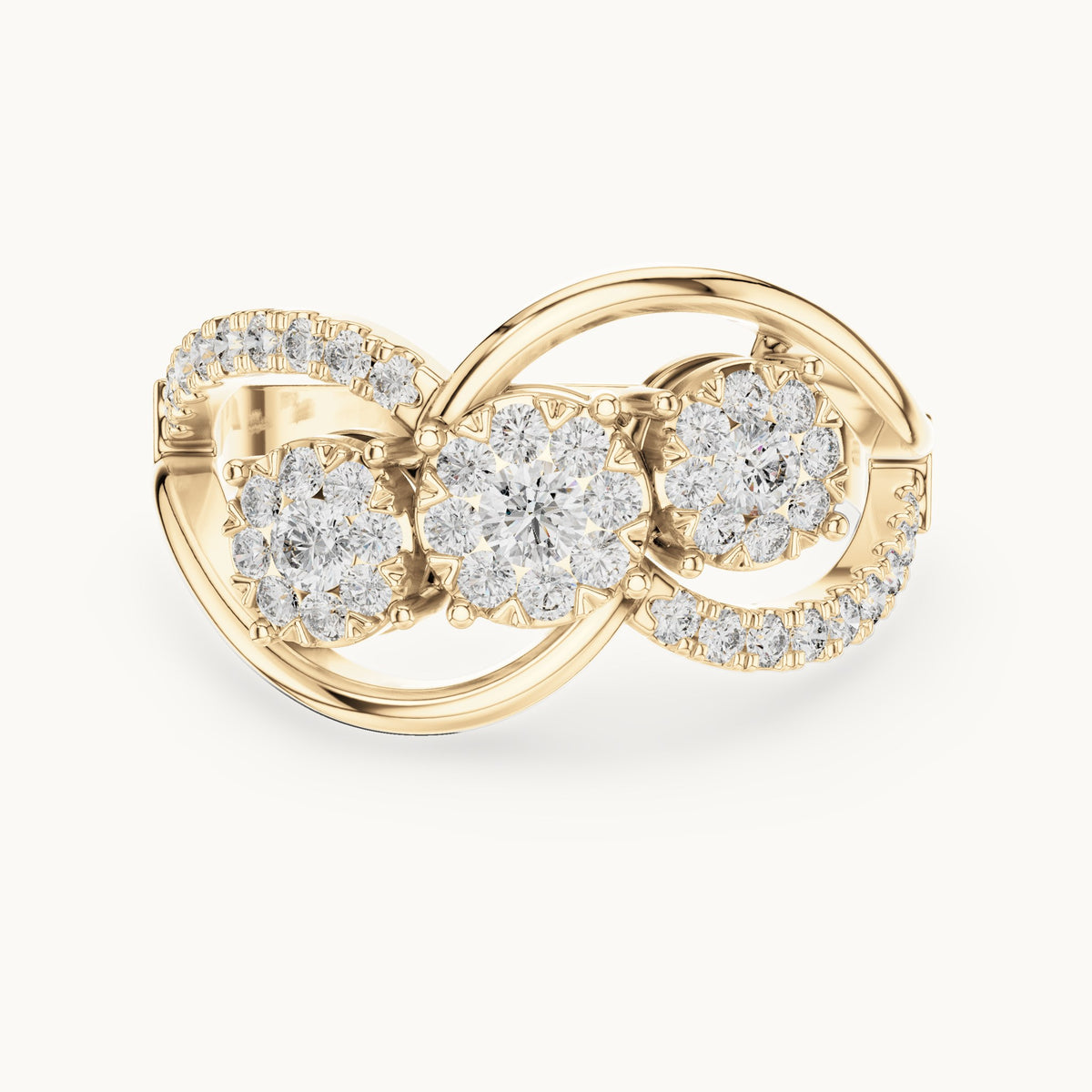 Round lab-grown diamond three-cluster infinity ring in yellow gold, 0.57 CT TW, view 4