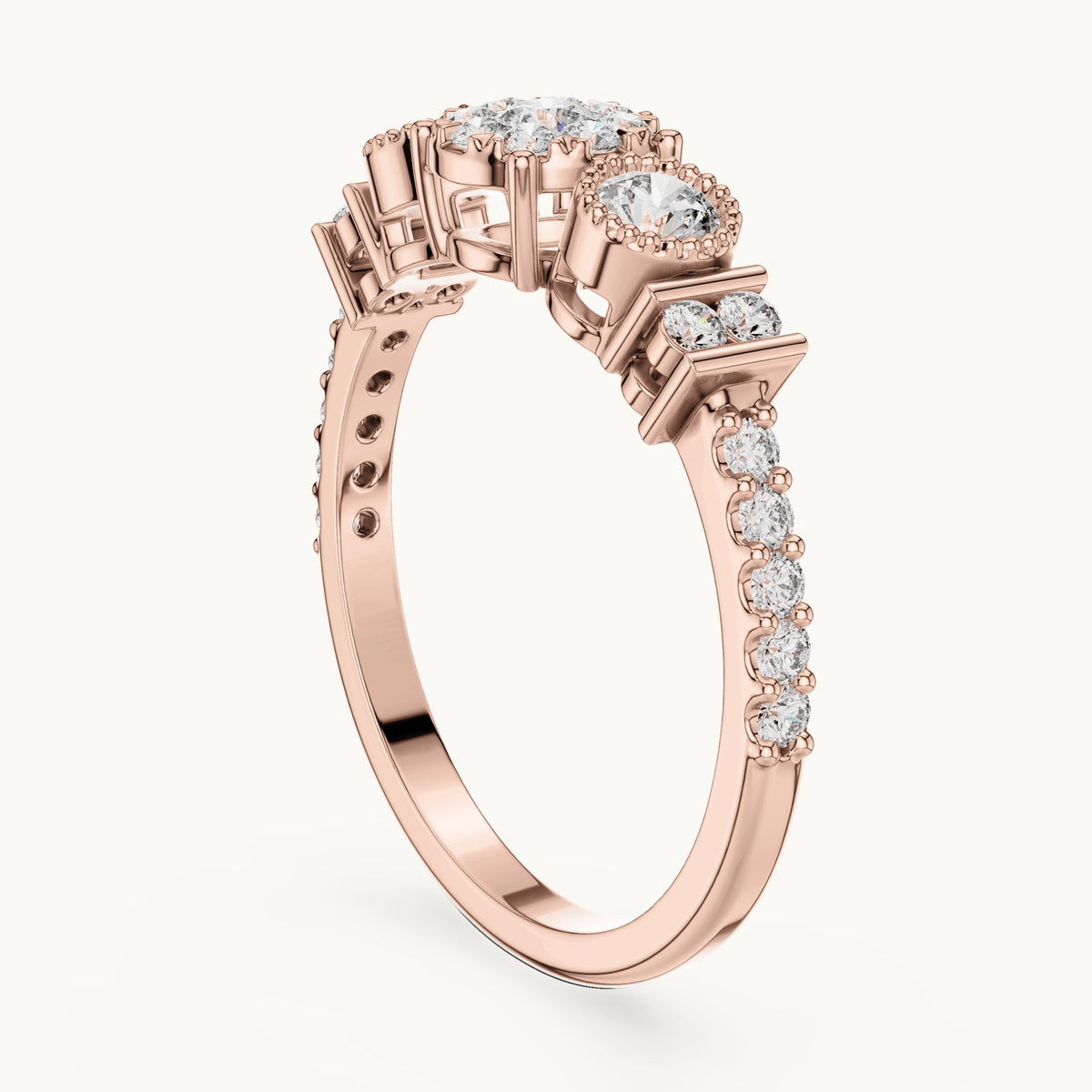 Round lab-grown diamond three-stone cluster ring in rose gold, 0.586 CT TW, view 1