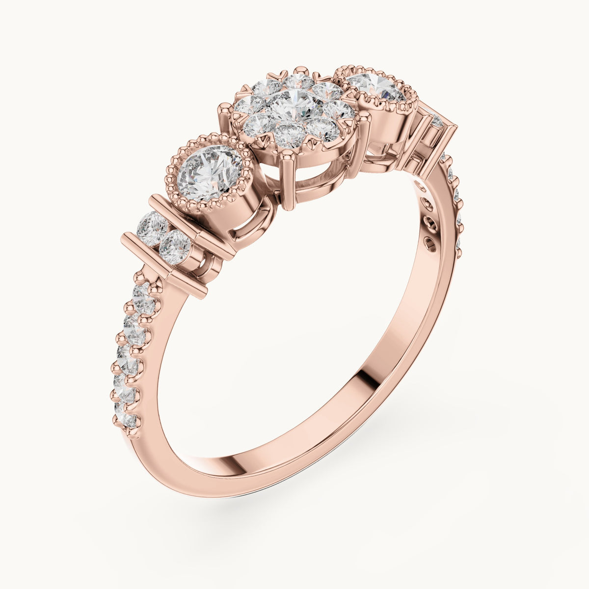 Round lab-grown diamond three-stone cluster ring in rose gold, 0.586 CT TW, view 2
