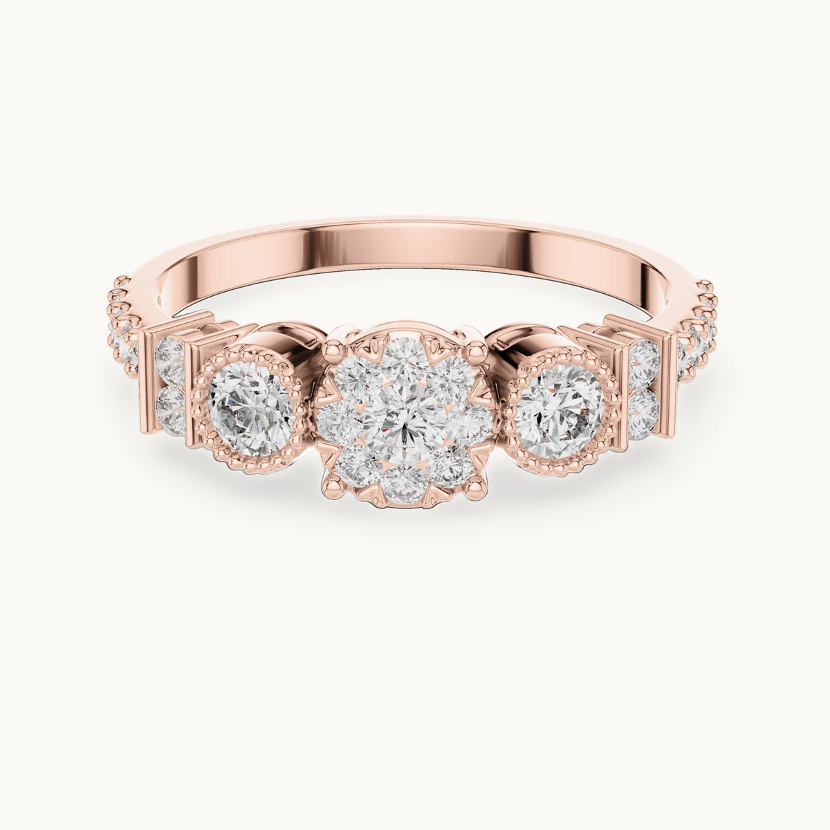 Round lab-grown diamond three-stone cluster ring in rose gold, 0.586 CT TW, view 4