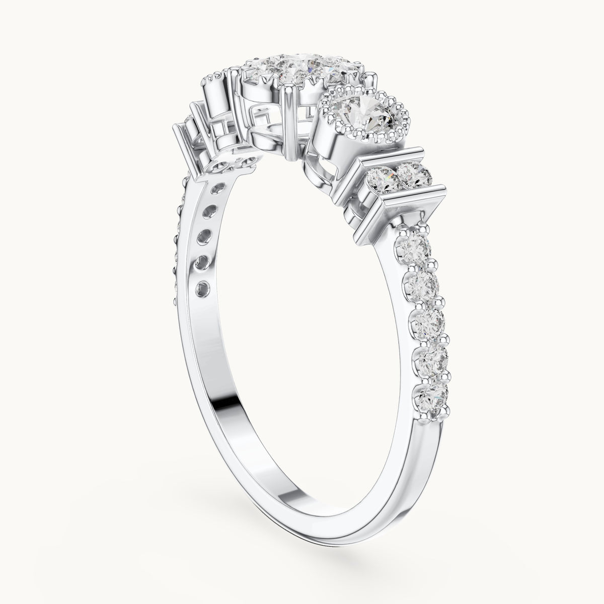 Round lab-grown diamond three-stone cluster ring in white gold, 0.586 CT TW, view 1