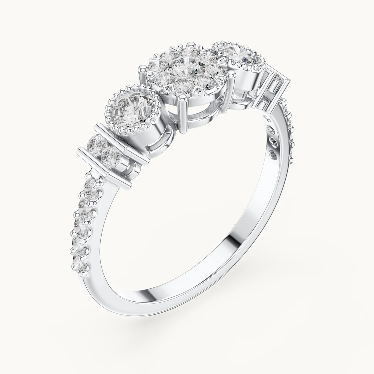 Round lab-grown diamond three-stone cluster ring in white gold, 0.586 CT TW, view 2
