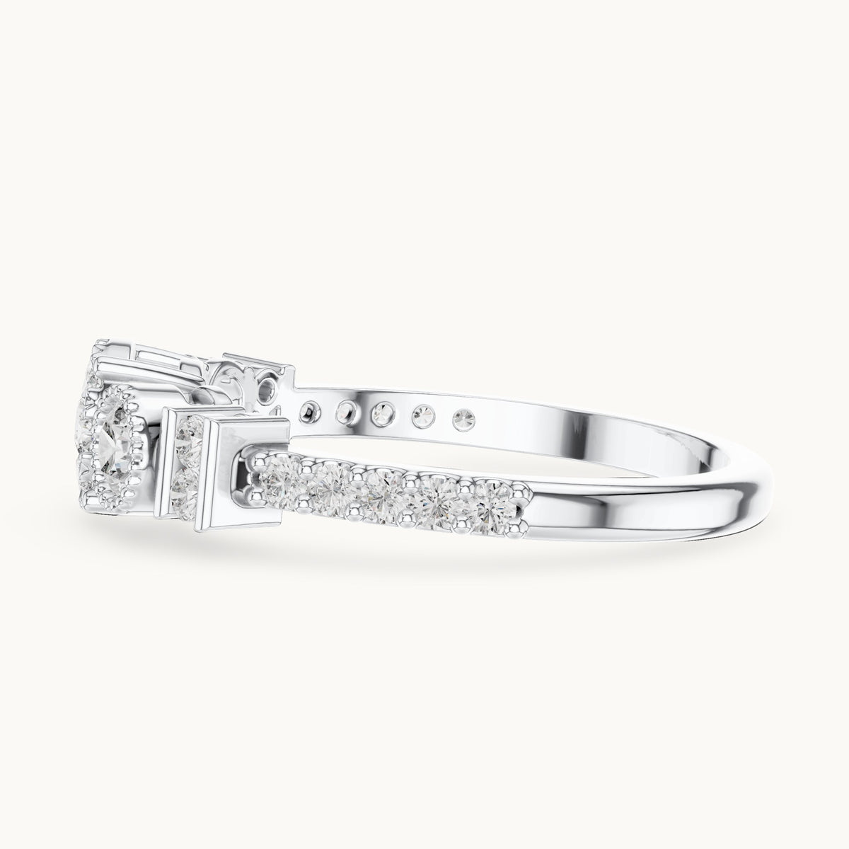 Round lab-grown diamond three-stone cluster ring in white gold, 0.586 CT TW, view 3
