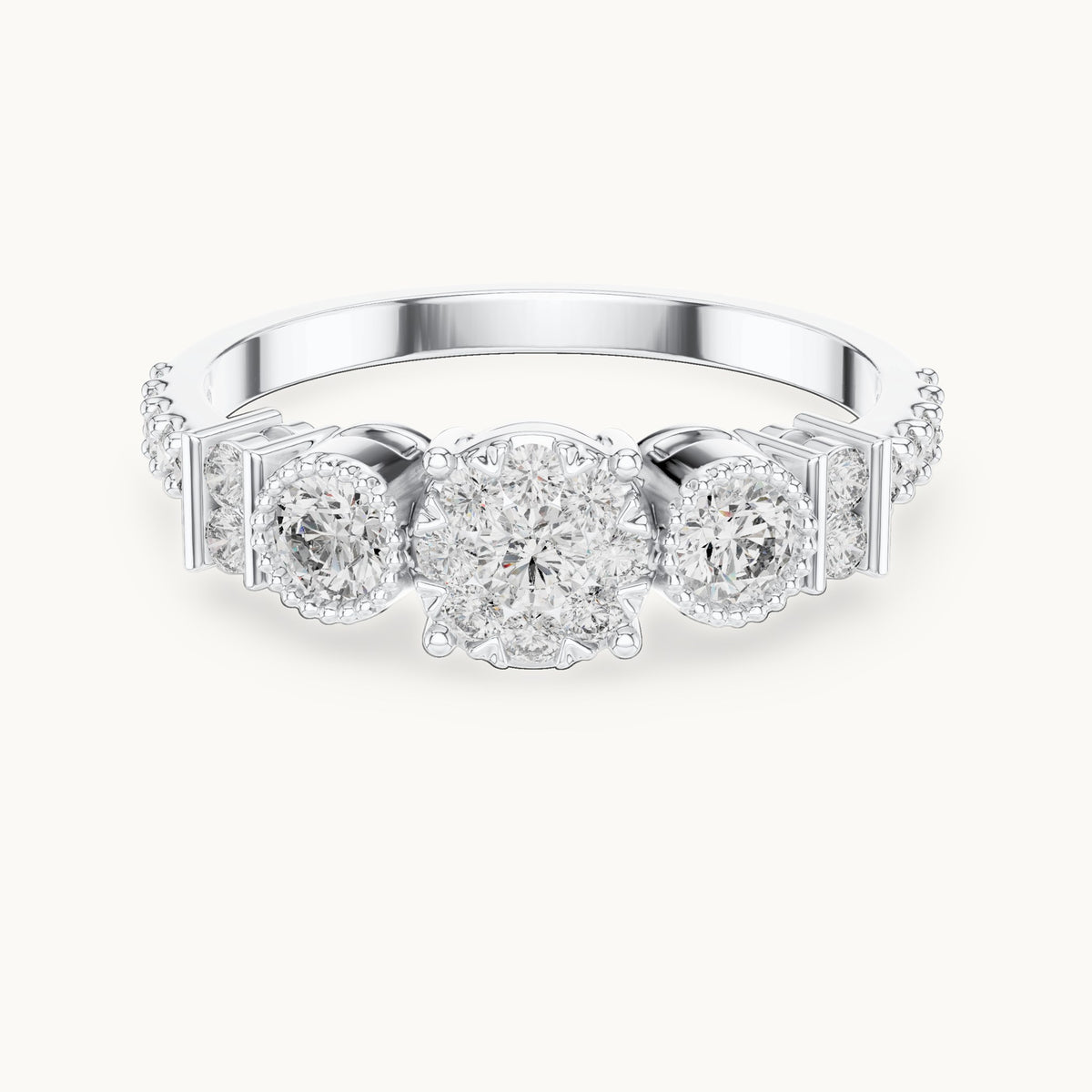 Round lab-grown diamond three-stone cluster ring in white gold, 0.586 CT TW, view 4