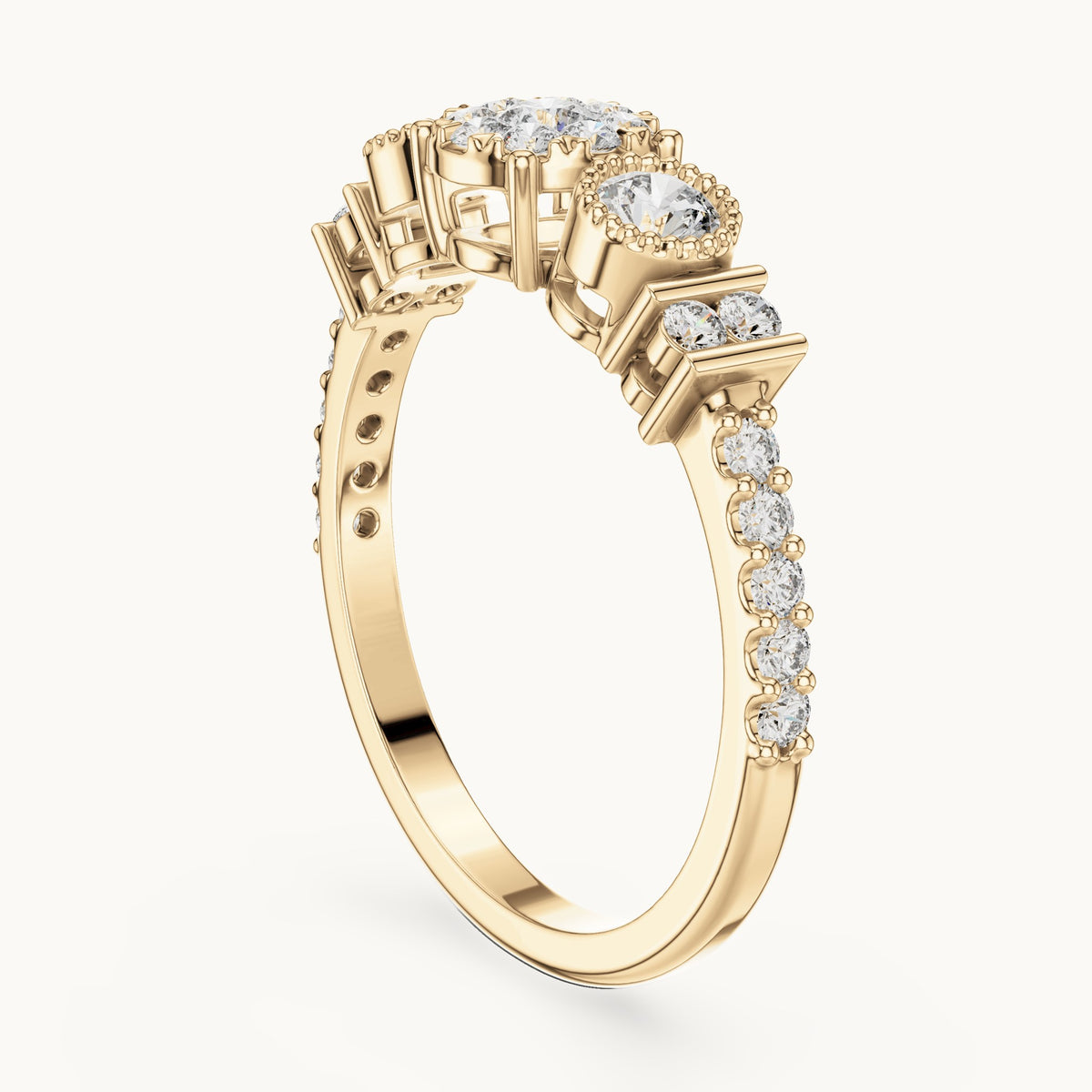 Round lab-grown diamond three-stone cluster ring in yellow gold, 0.586 CT TW, view 1