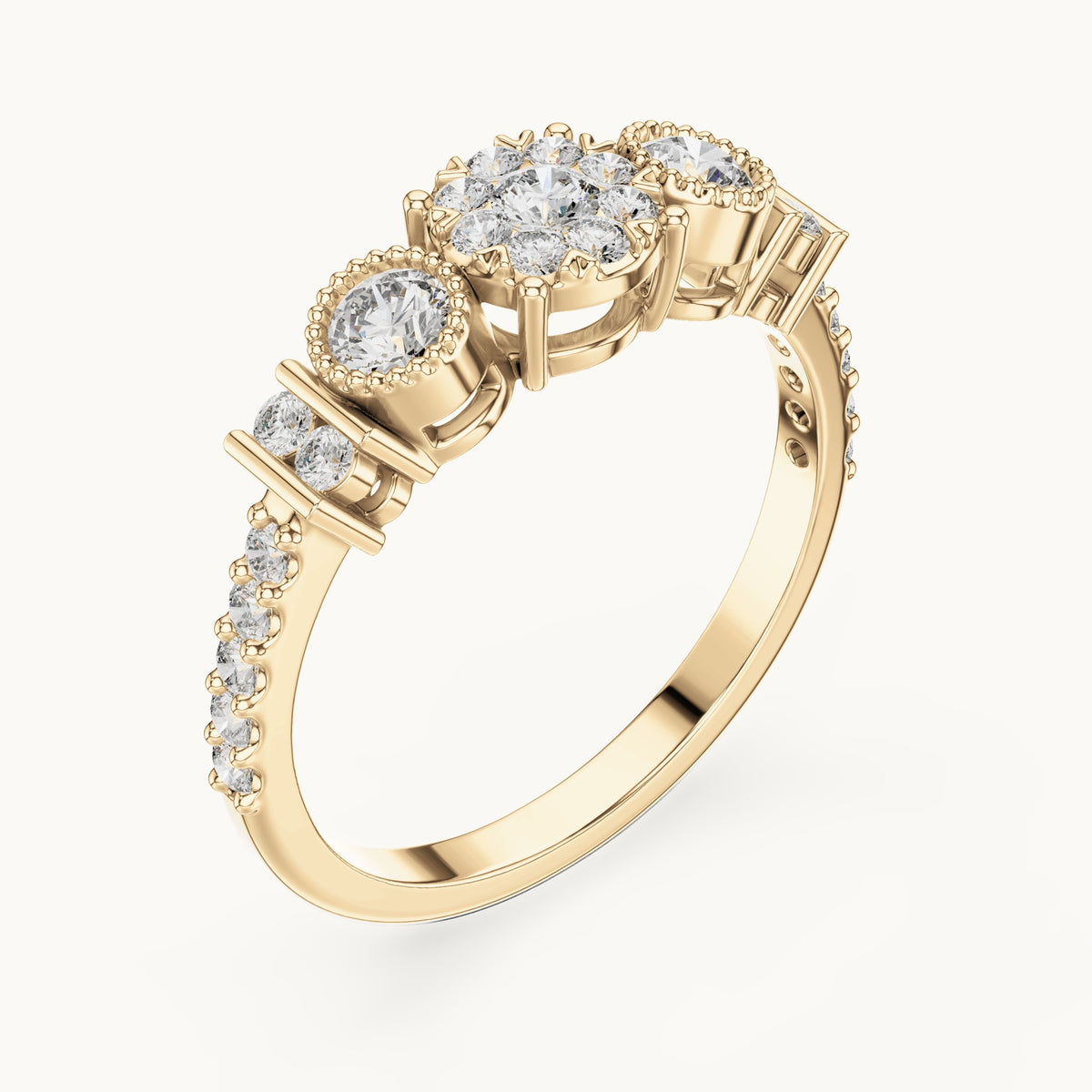 Round lab-grown diamond three-stone cluster ring in yellow gold, 0.586 CT TW, view 2