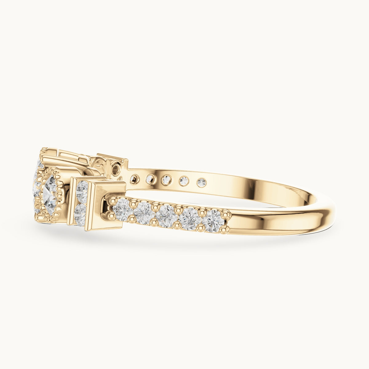 Round lab-grown diamond three-stone cluster ring in yellow gold, 0.586 CT TW, view 3