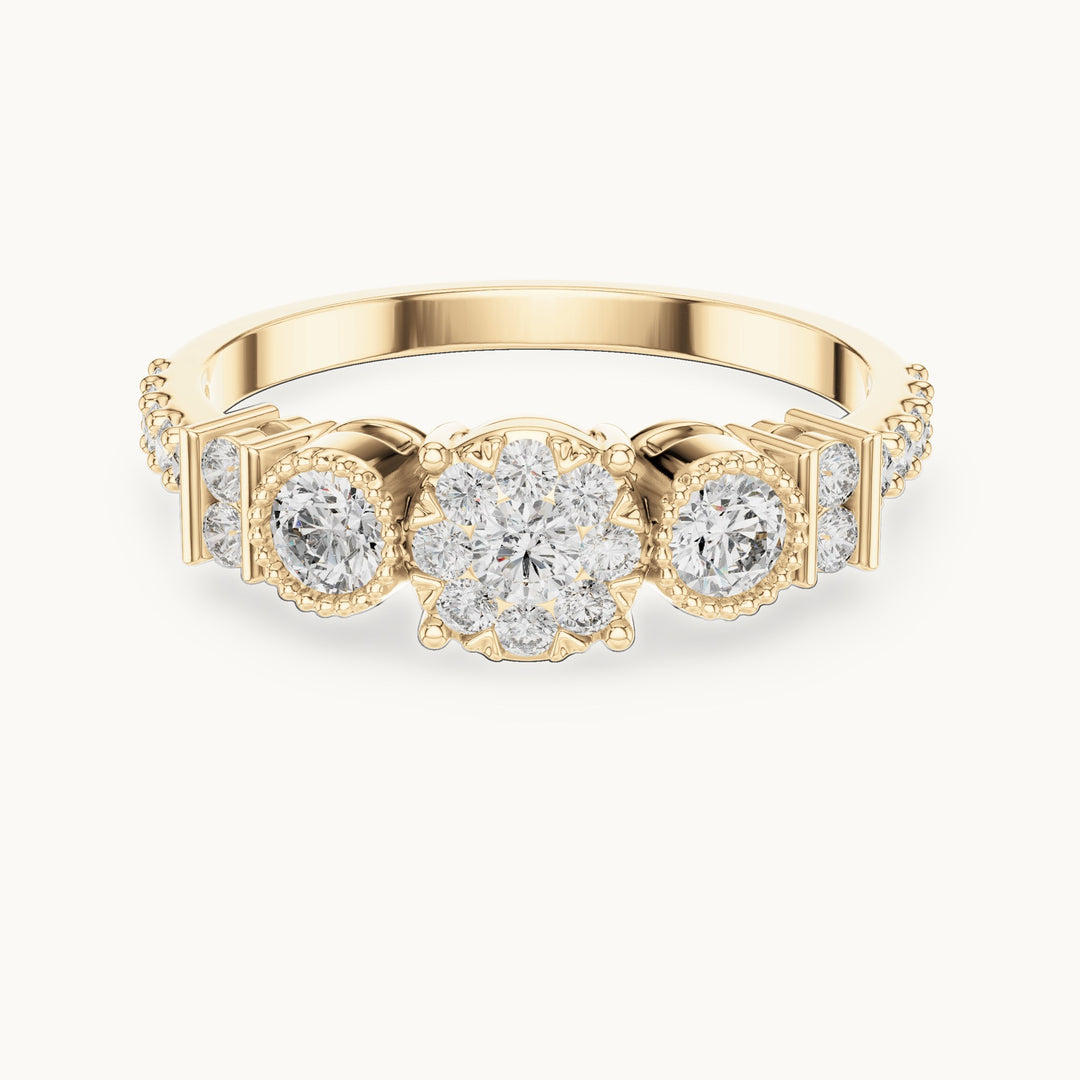 Round lab-grown diamond three-stone cluster ring in yellow gold, 0.586 CT TW, view 4