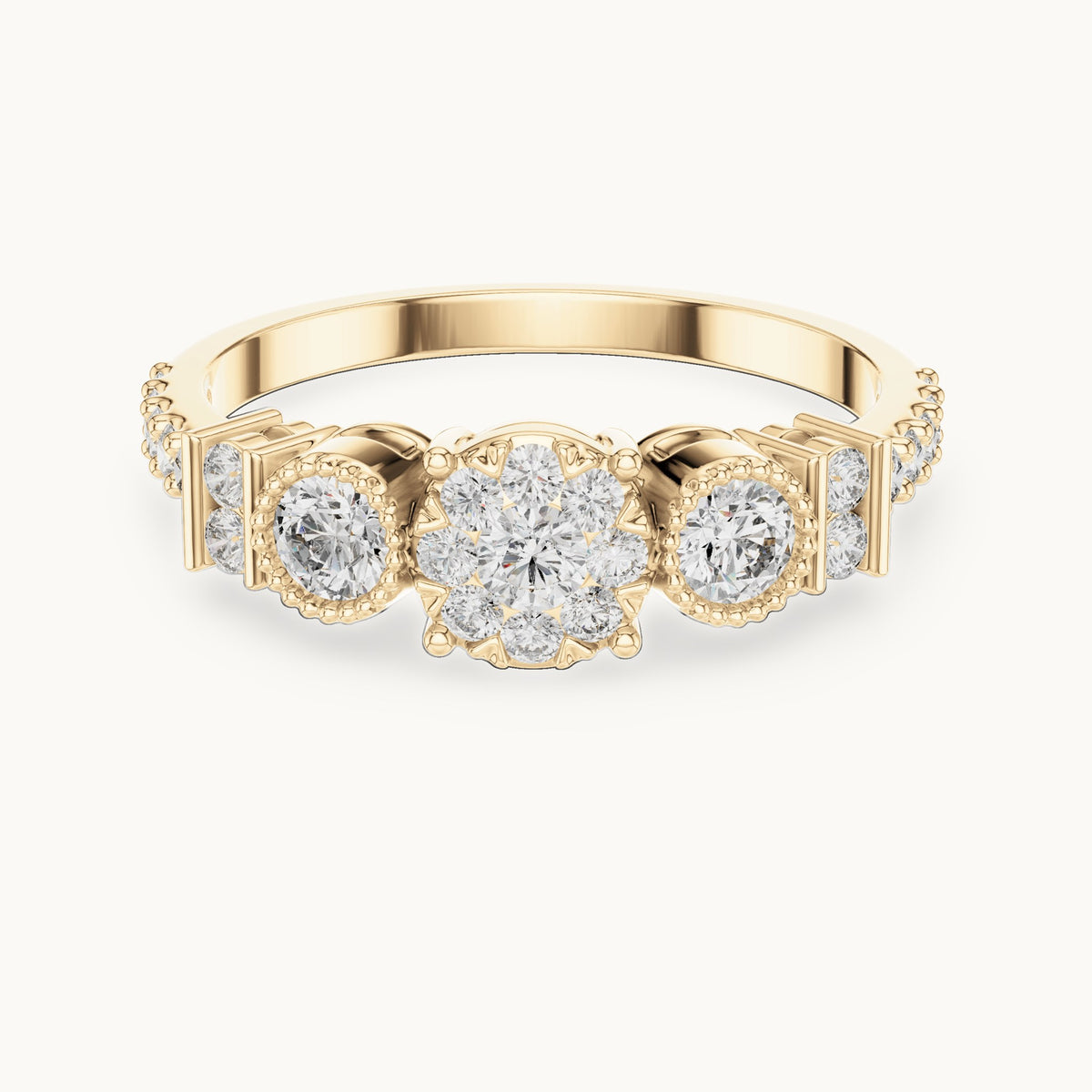 Round lab-grown diamond three-stone cluster ring in yellow gold, 0.586 CT TW, view 4