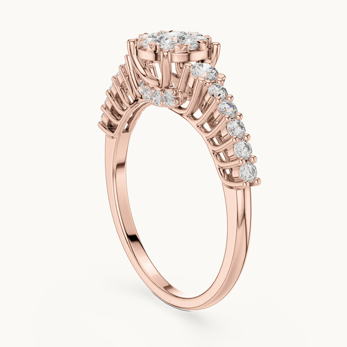 Round lab-grown diamond cluster ring with side stones in rose gold, 0.608 CT TW, view 1