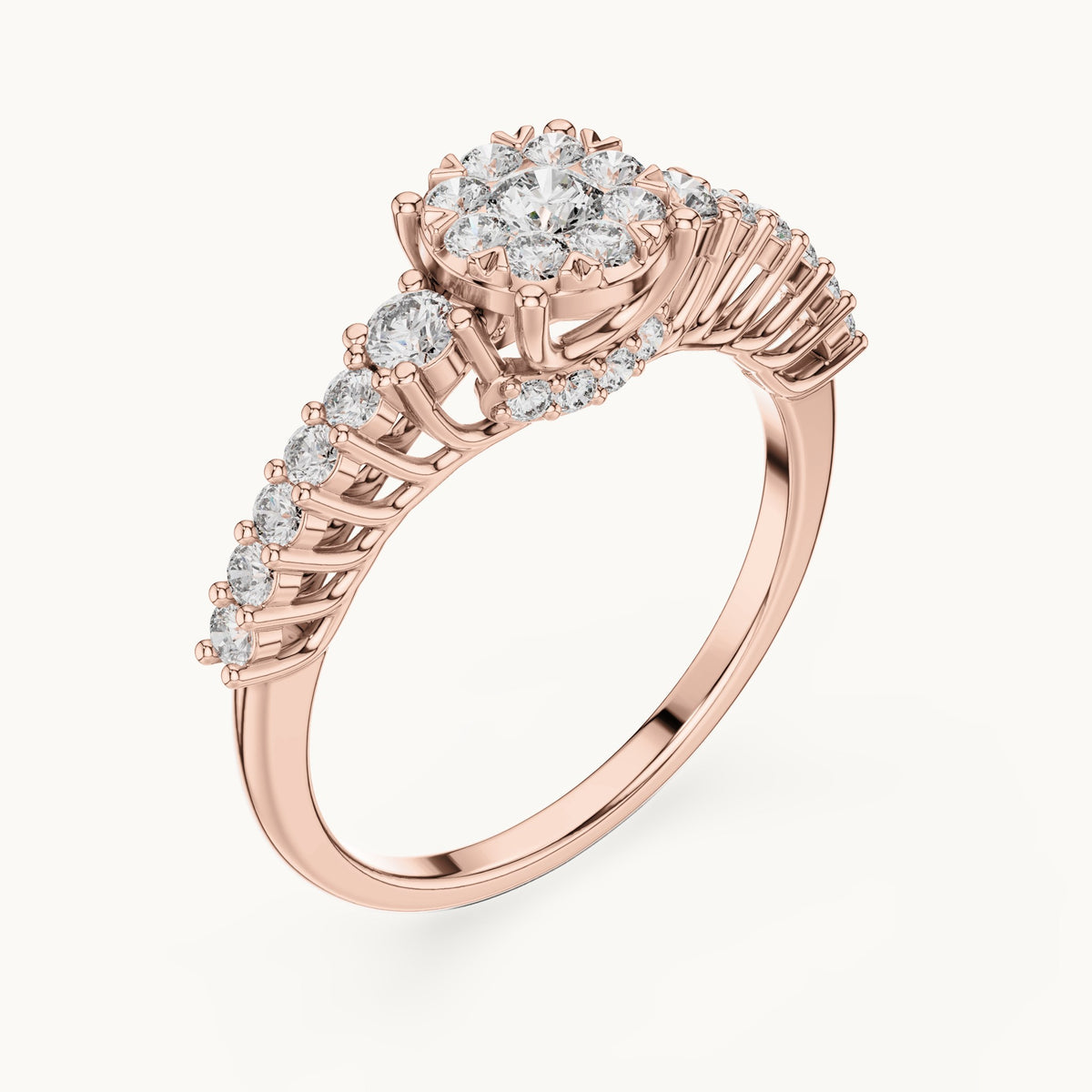 Round lab-grown diamond cluster ring with side stones in rose gold, 0.608 CT TW, view 2