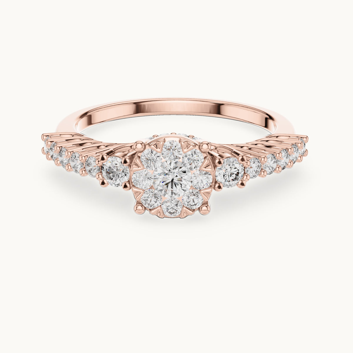 Round lab-grown diamond cluster ring with side stones in rose gold, 0.608 CT TW, view 4