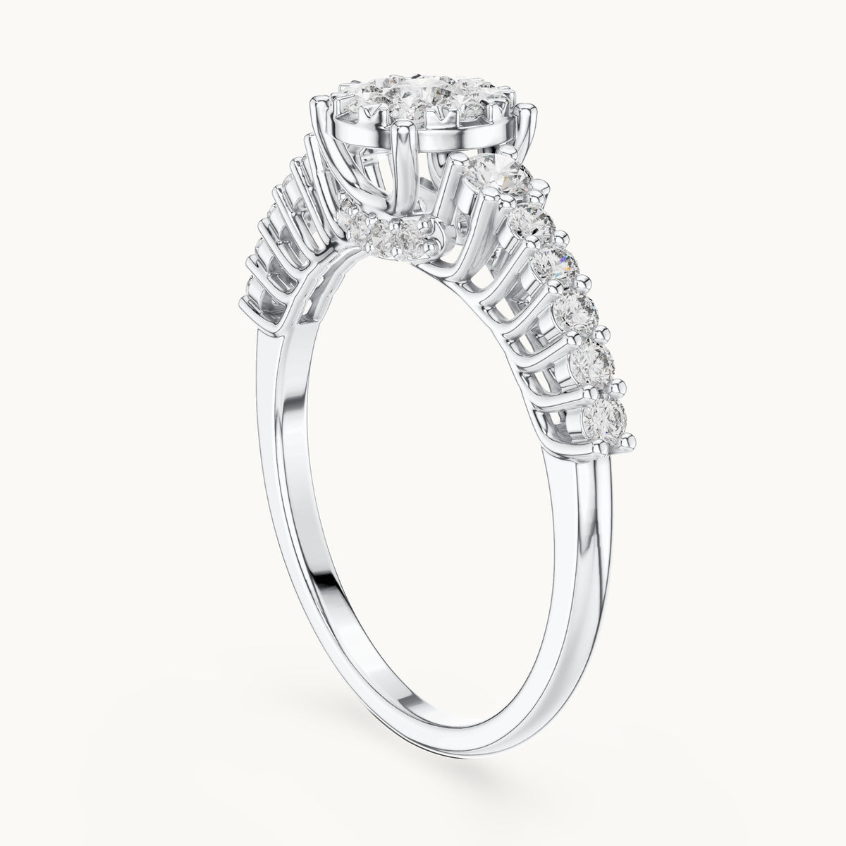 Round lab-grown diamond cluster ring with side stones in white gold, 0.608 CT TW, view 1