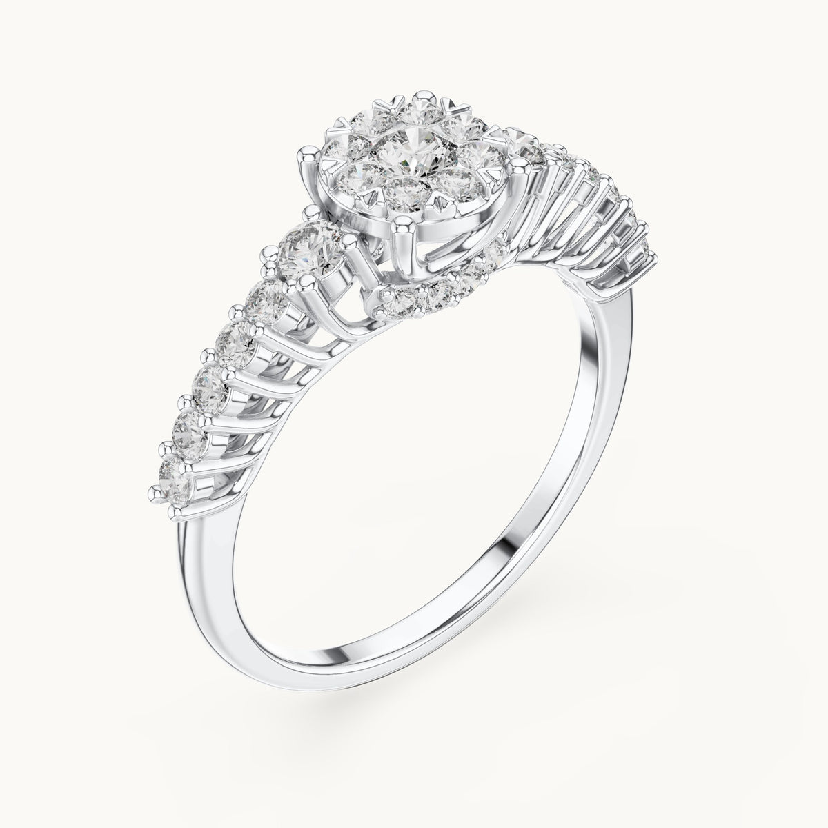 Round lab-grown diamond cluster ring with side stones in white gold, 0.608 CT TW, view 2