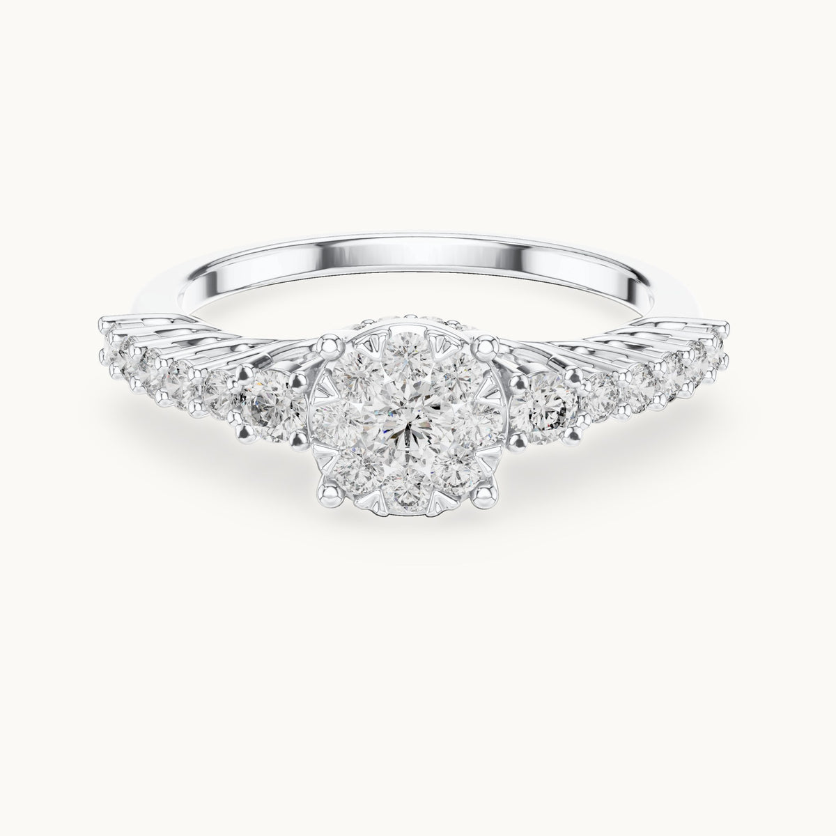 Round lab-grown diamond cluster ring with side stones in white gold, 0.608 CT TW, view 4