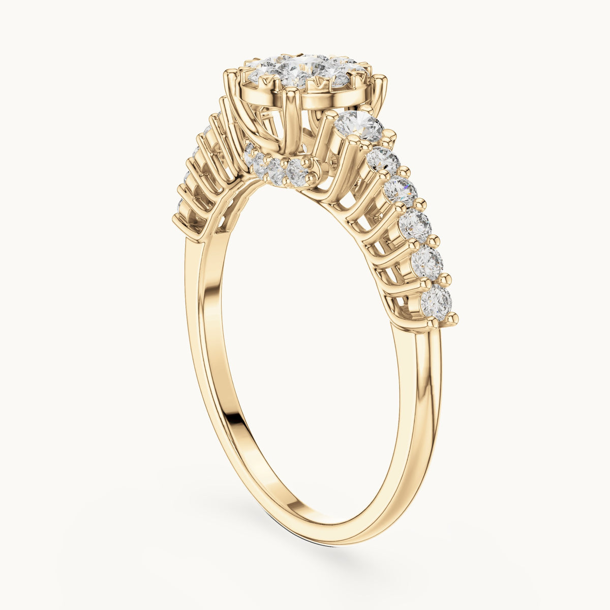 Round lab-grown diamond cluster ring with side stones in yellow gold, 0.608 CT TW, view 1