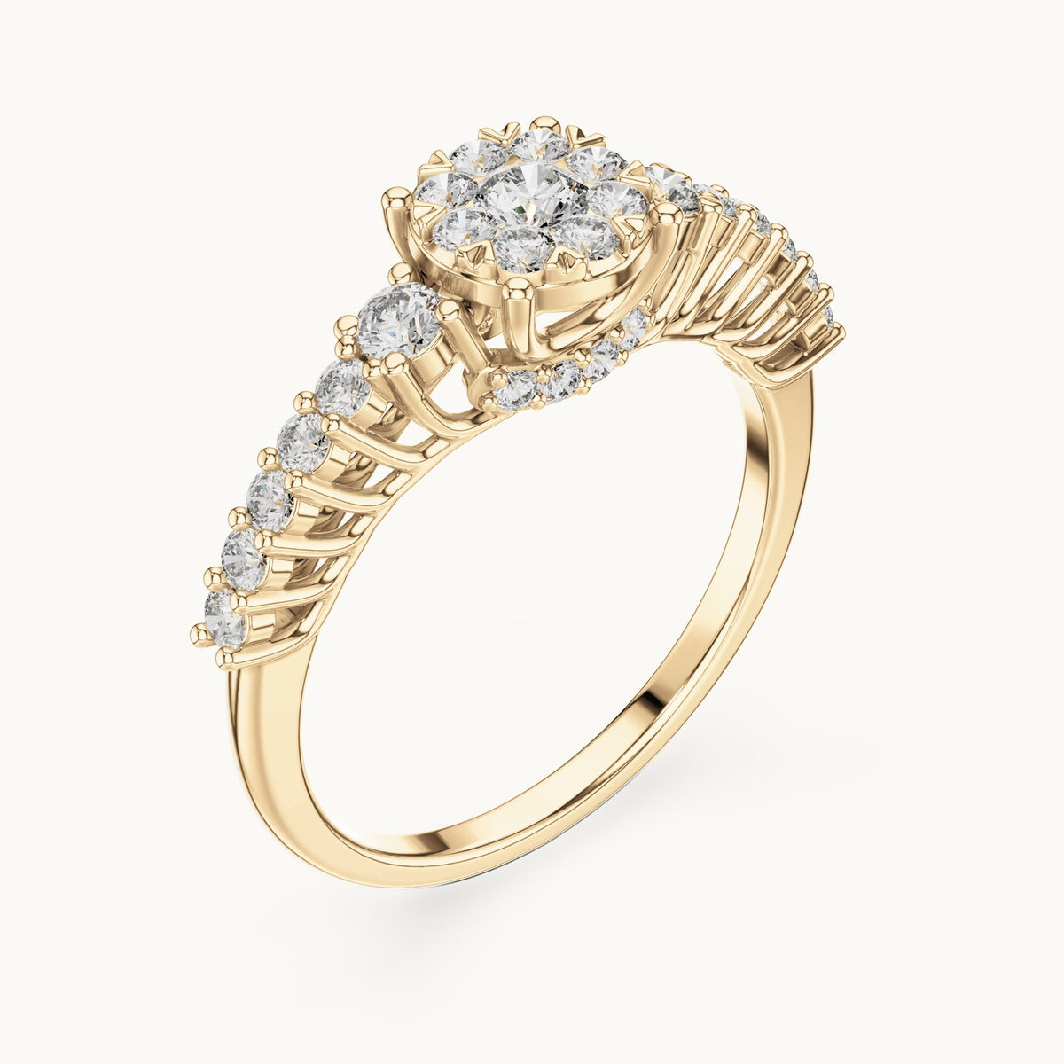 Round lab-grown diamond cluster ring with side stones in yellow gold, 0.608 CT TW, view 2