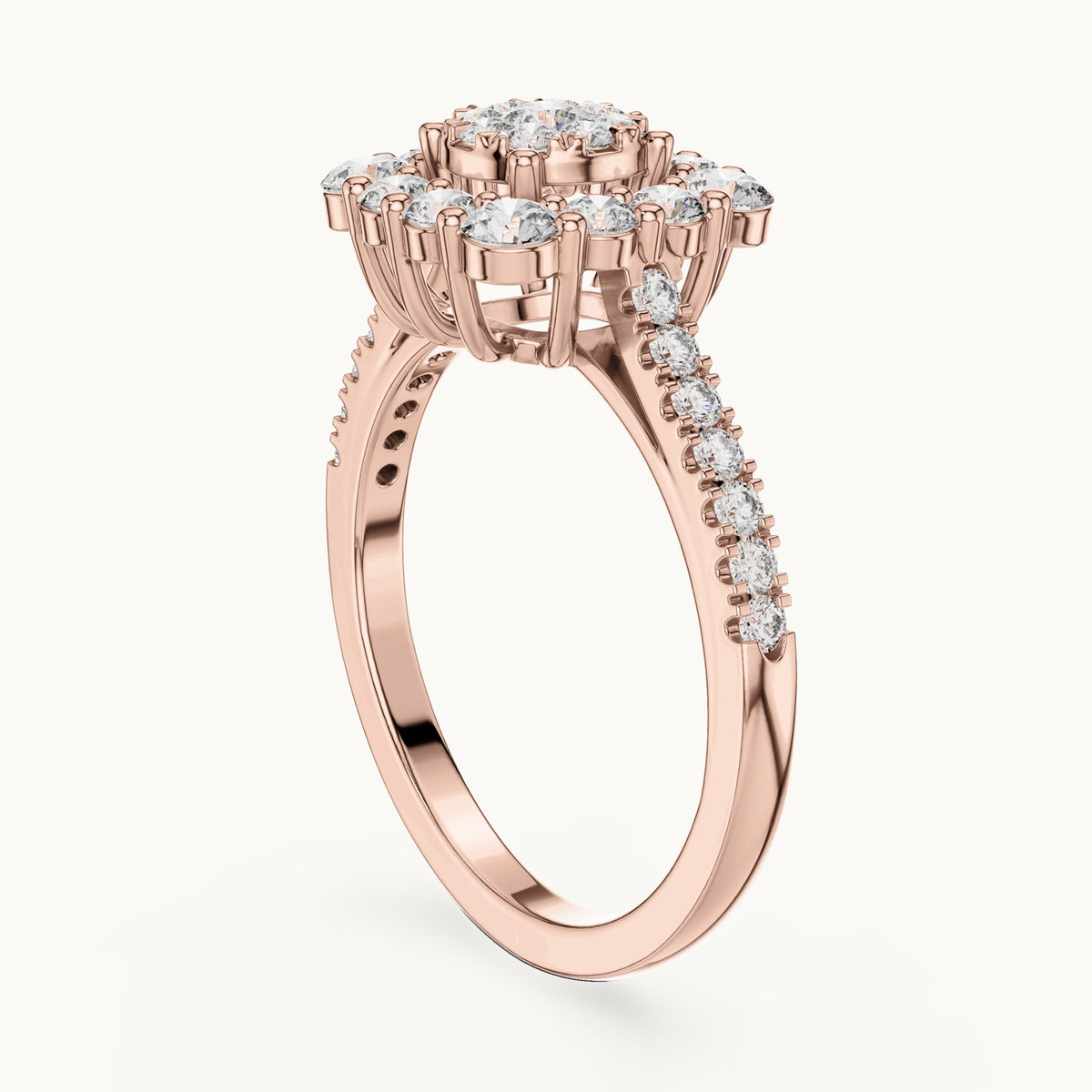 Round lab-grown diamond cushion halo cluster ring in rose gold, 0.874 CT TW, view 1