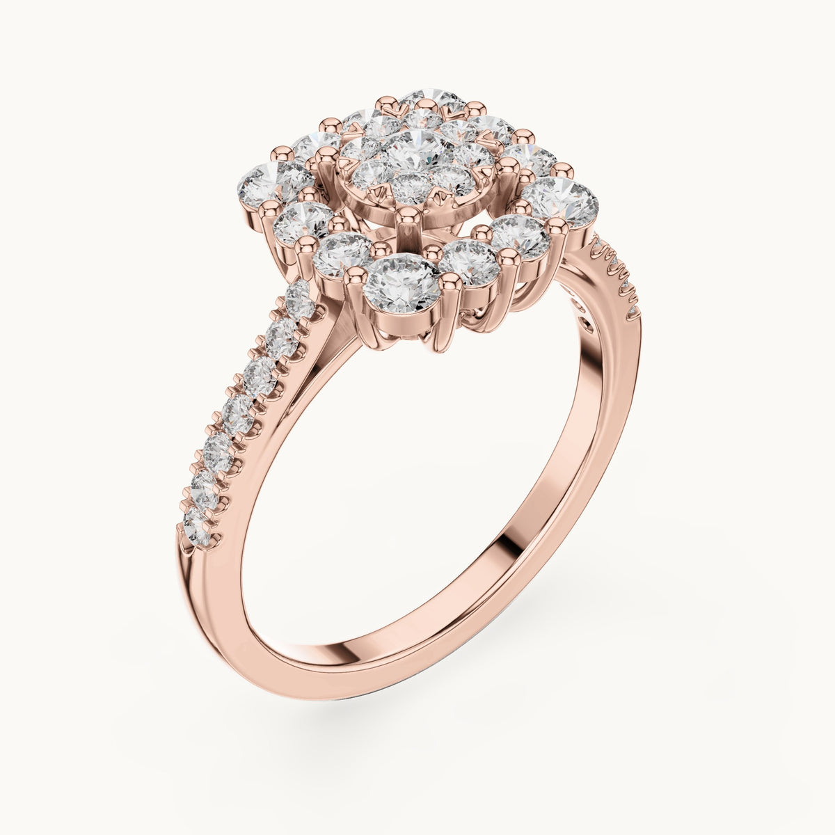 Round lab-grown diamond cushion halo cluster ring in rose gold, 0.874 CT TW, view 2