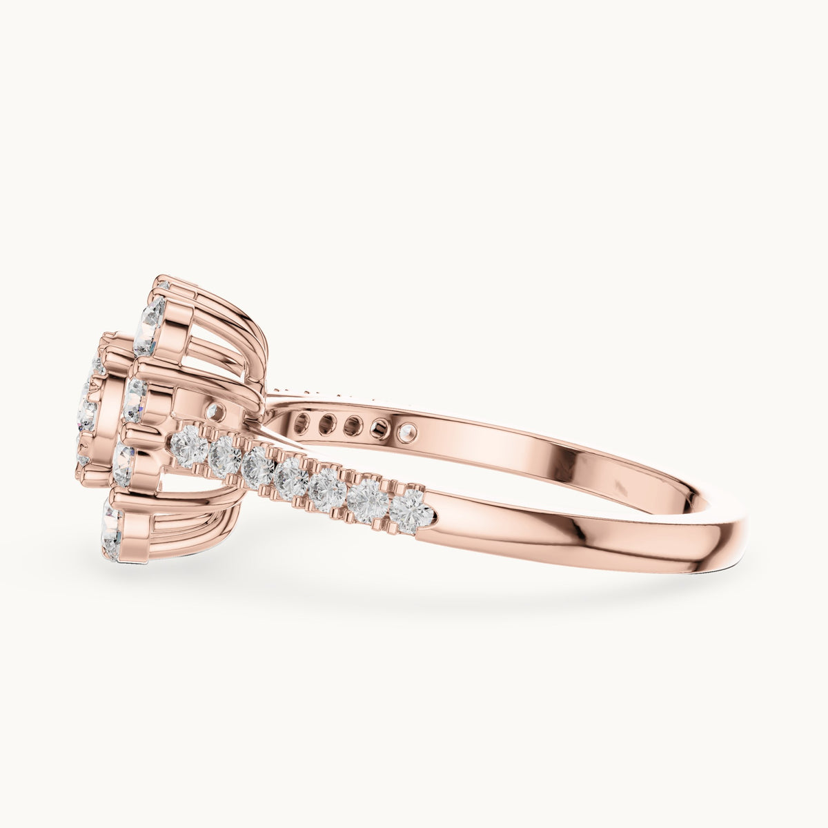 Round lab-grown diamond cushion halo cluster ring in rose gold, 0.874 CT TW, view 3