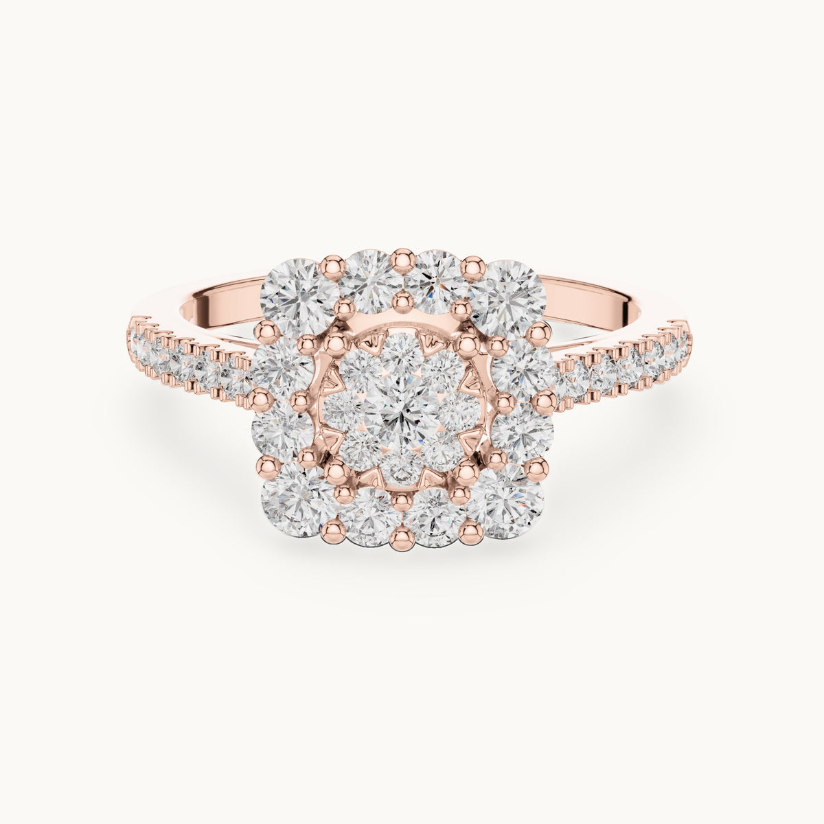 Round lab-grown diamond cushion halo cluster ring in rose gold, 0.874 CT TW, view 4