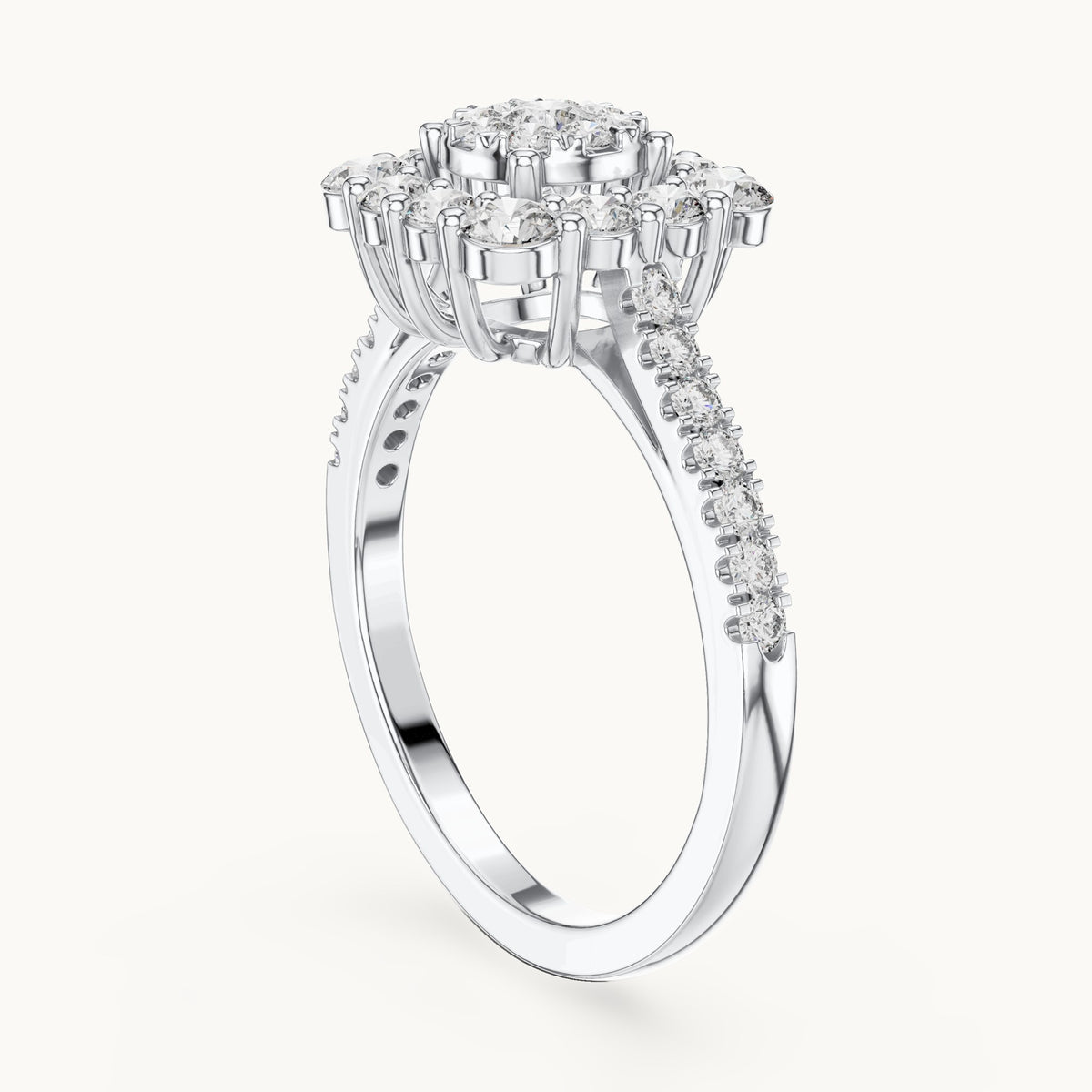 Round lab-grown diamond cushion halo cluster ring in white gold, 0.874 CT TW, view 1